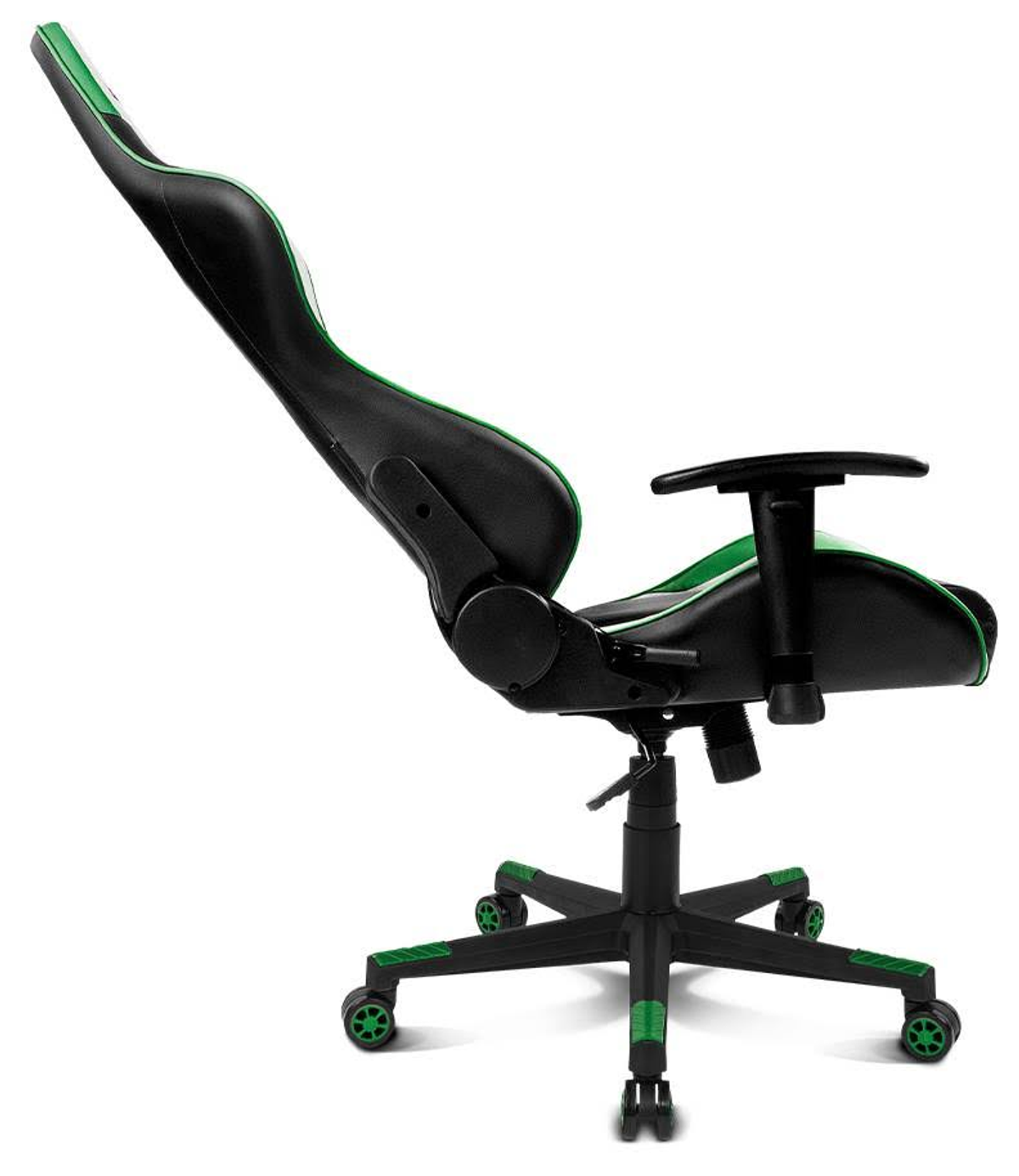 Sedia da gaming nera e verde in vista di profilo. Ha base nera con ruote verdi, su sfondo bianco.
