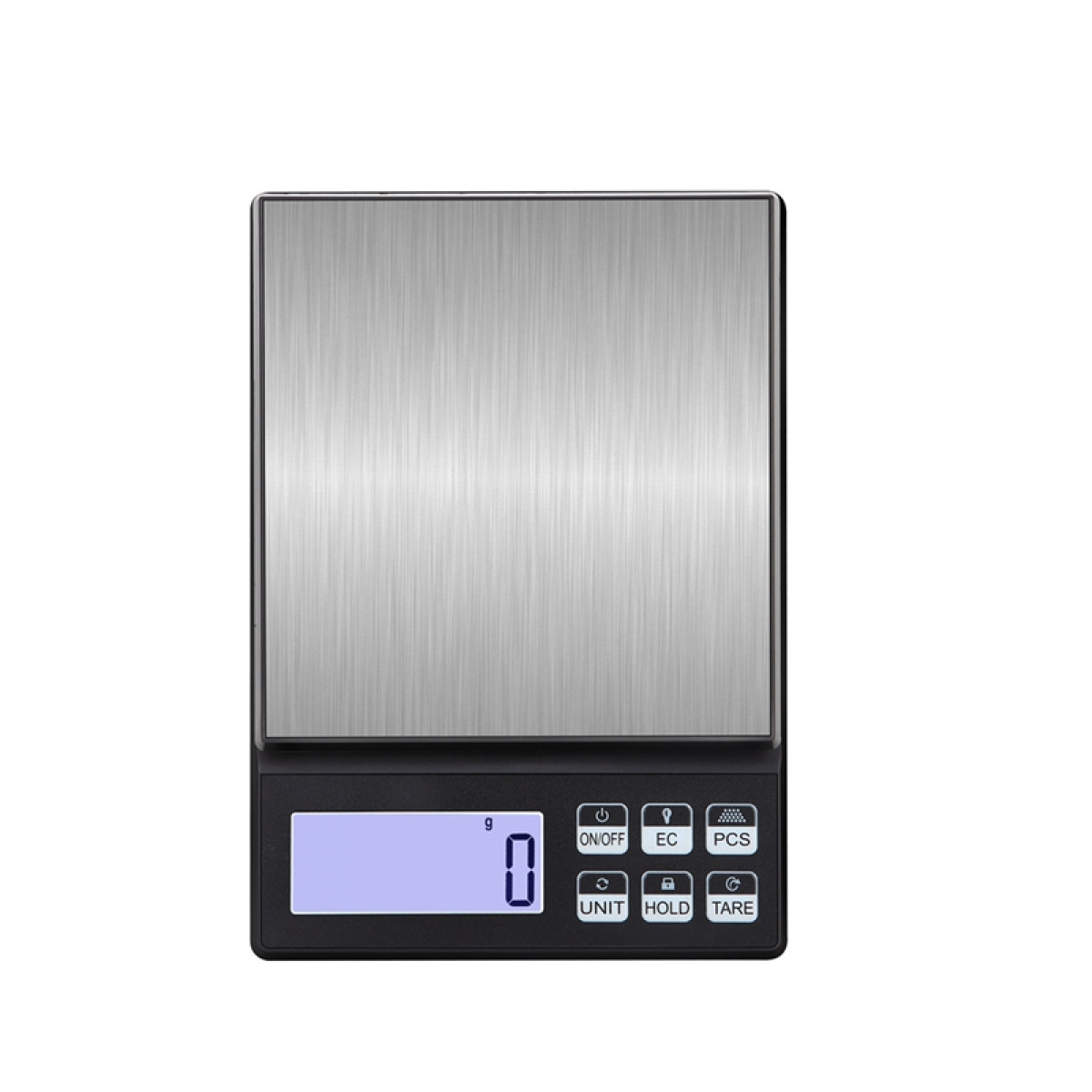 Czarna cyfrowa waga kuchenna z wyświetlaczem i przyciskami.