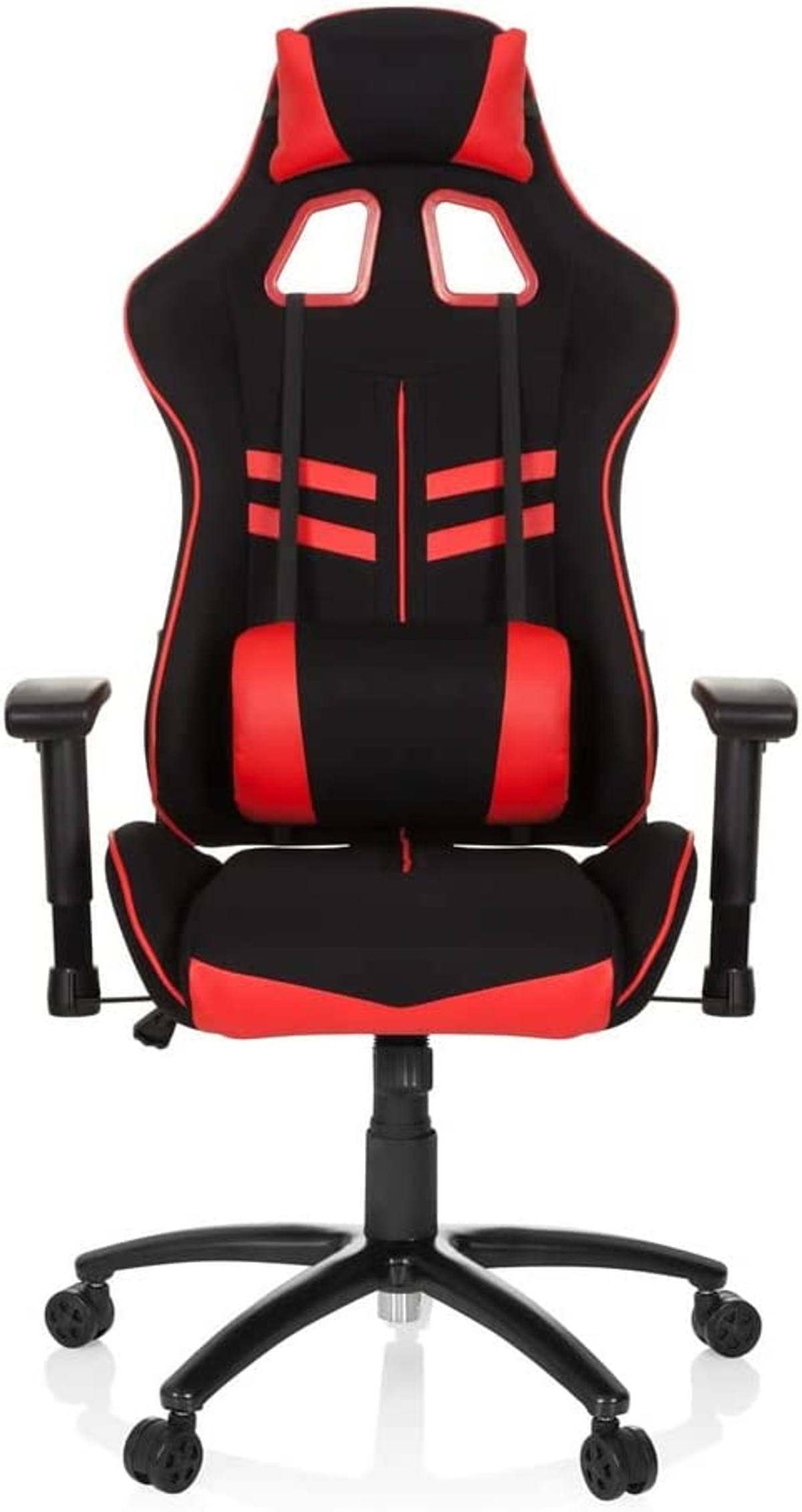 Schwarz-roter Gaming-Stuhl. Rote und schwarze Kopfstütze. Schwarze Räder. Weißer Hintergrund.