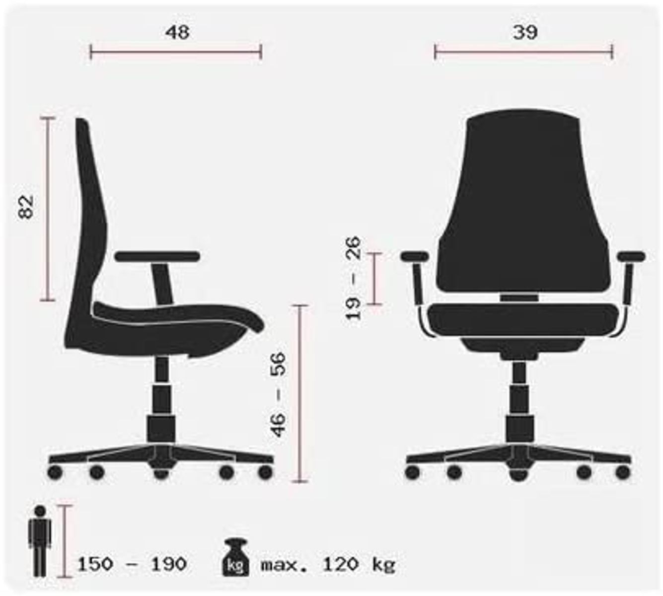 Zwei Bürostühle. Einmal Seitenansicht, einmal Frontansicht. Maße und Körpergröße gezeigt.