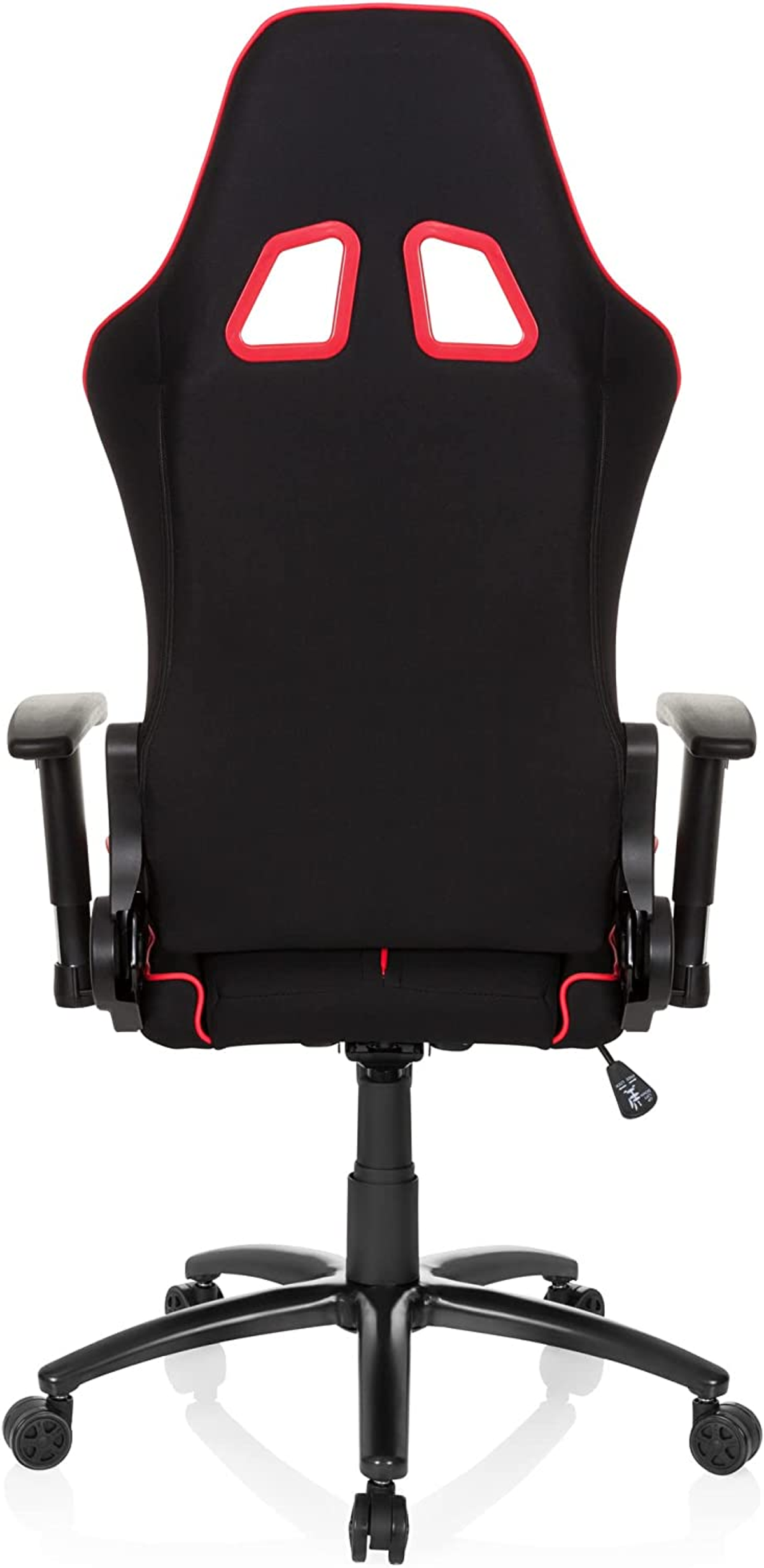 Rückseite eines schwarzen Gaming-Stuhls mit roter Verkleidung, verstellbar und auf Rädern.