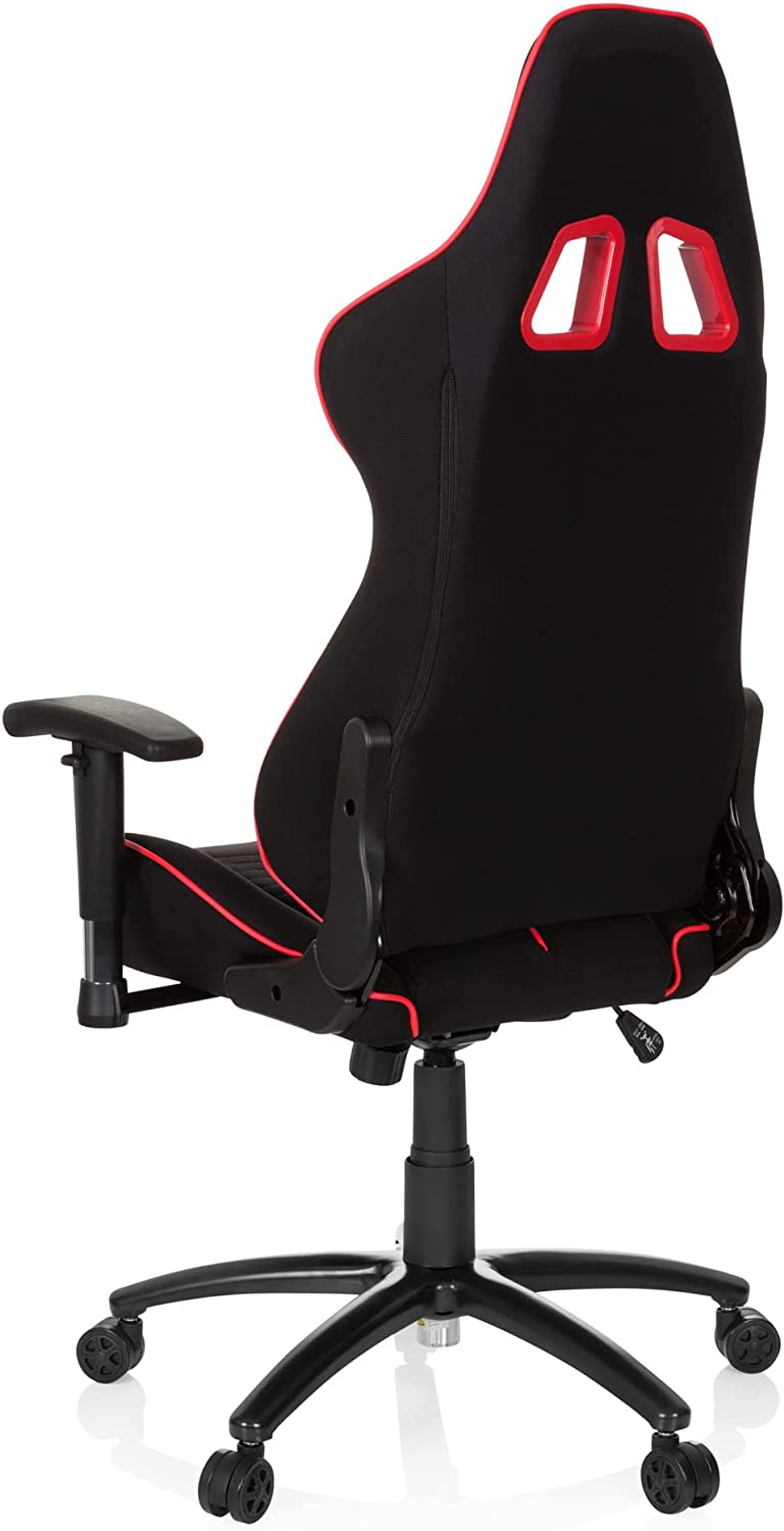 Gaming-Stuhlrücken, schwarz mit roter Einfassung, Ansicht von hinten, auf weißem Grund.