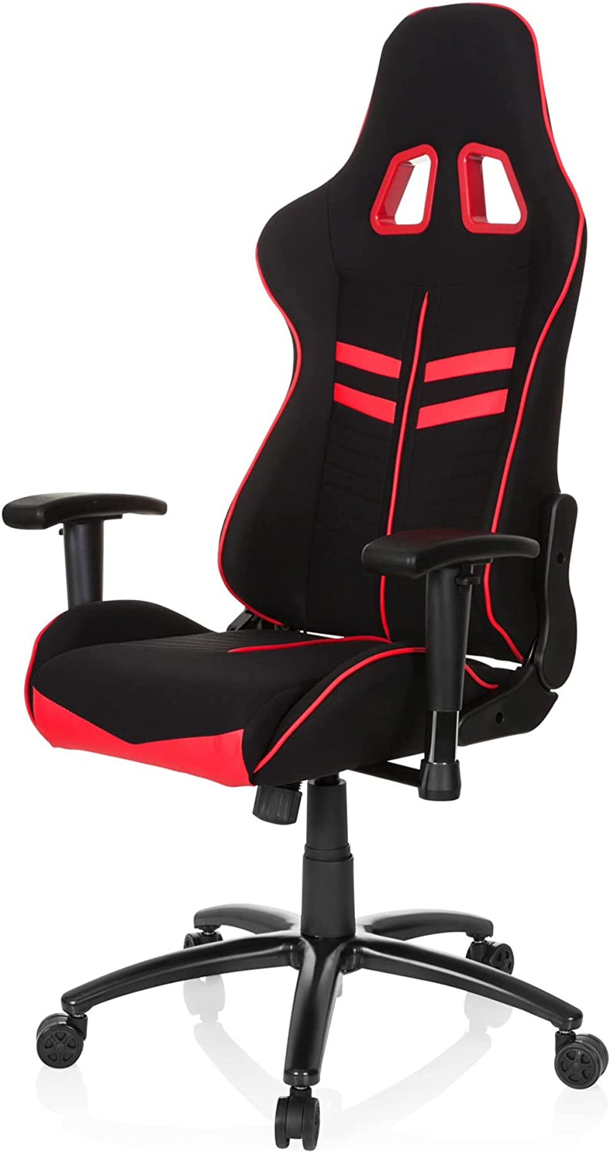 Schwarzer und roter Gaming-Stuhl mit roten Akzenten und Armlehnen. Weißer Hintergrund.