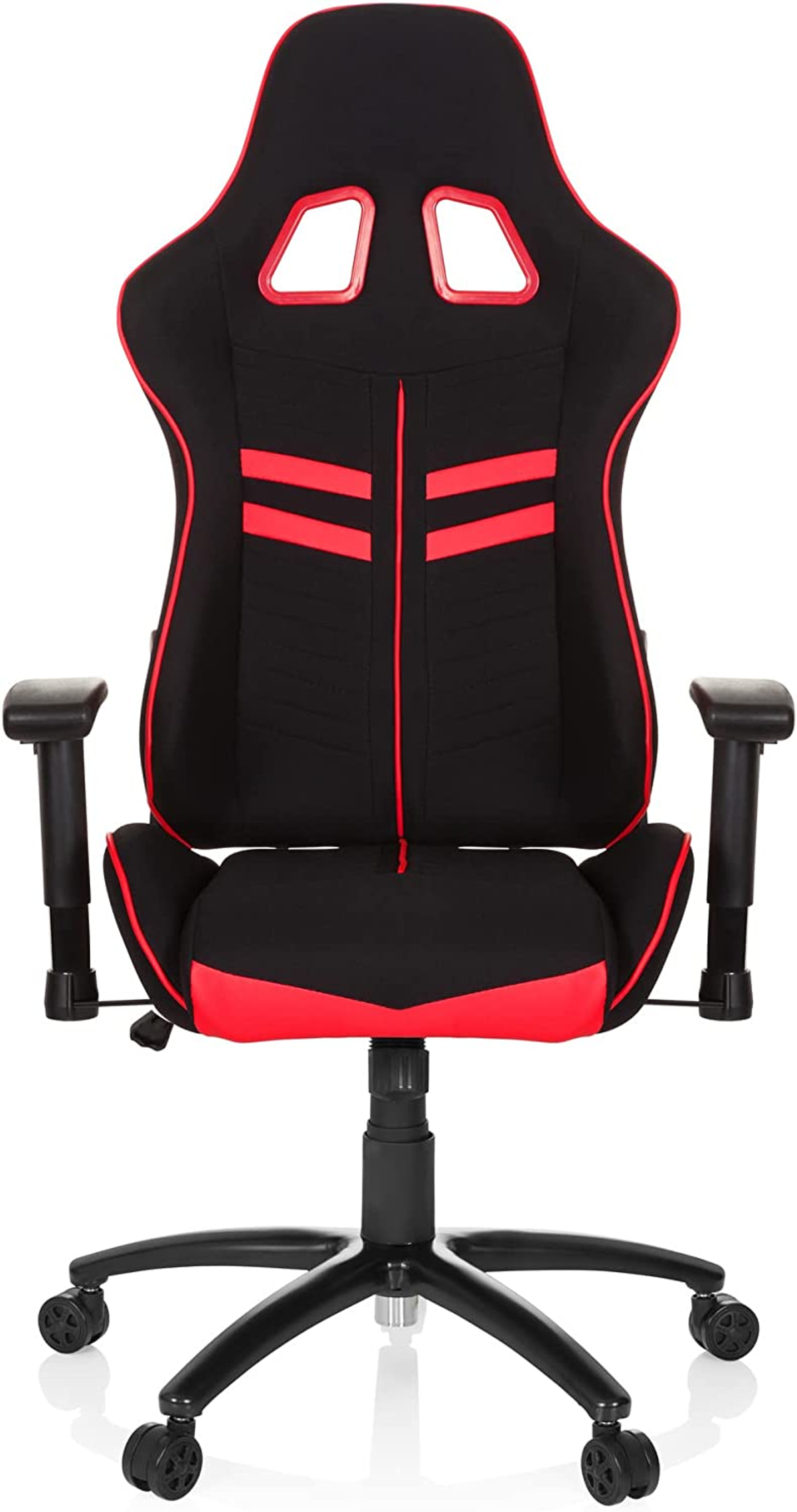 Schwarzer und roter Gaming-Stuhl. Hat eine hohe Rückenlehne, Armlehnen und ein Fünf-Rollen-Gestell.
