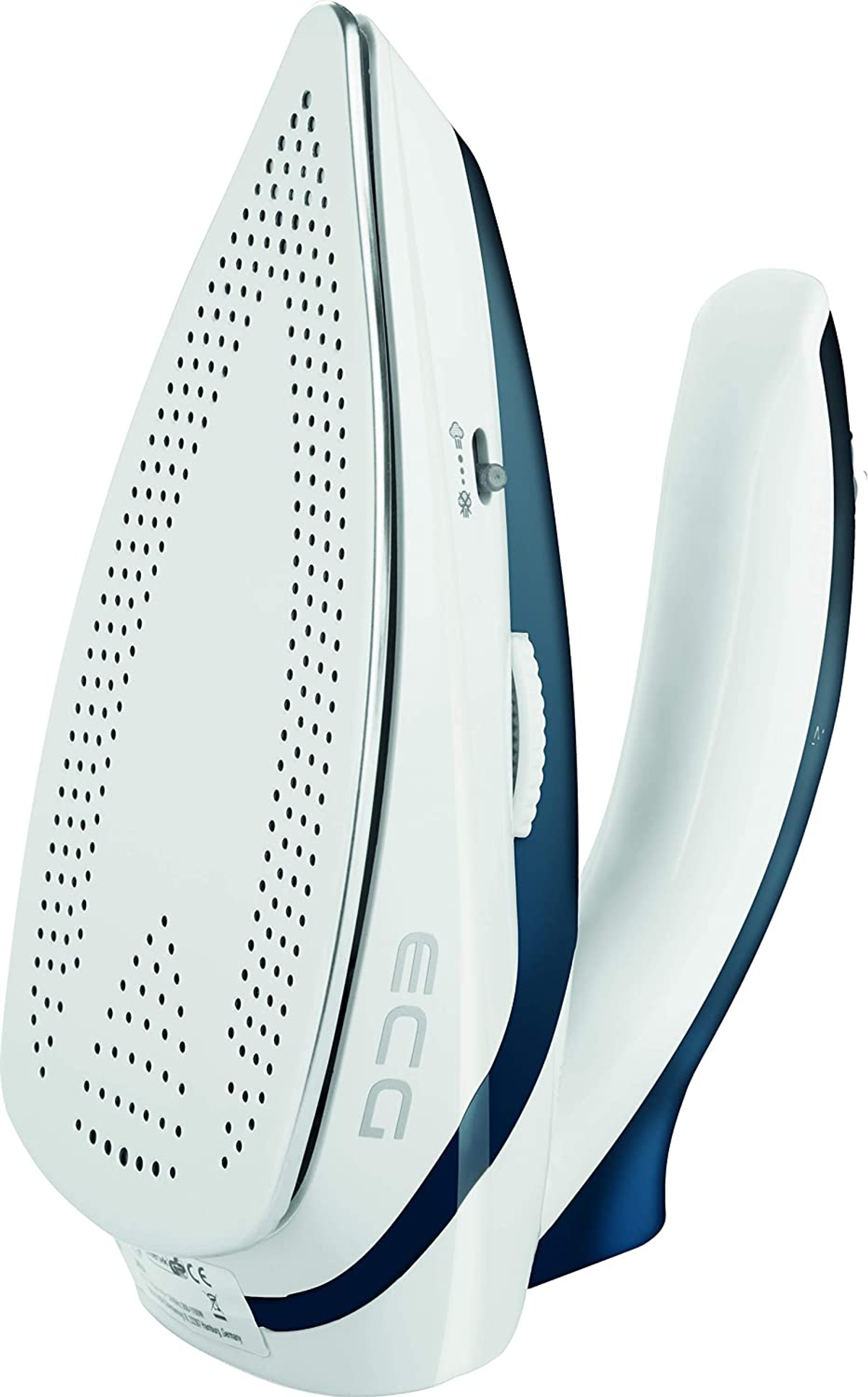 Weißes und blaues ECG-Bügeleisen mit gebogenem Griff, zeigt Bügeleisensockel und Top-Details.