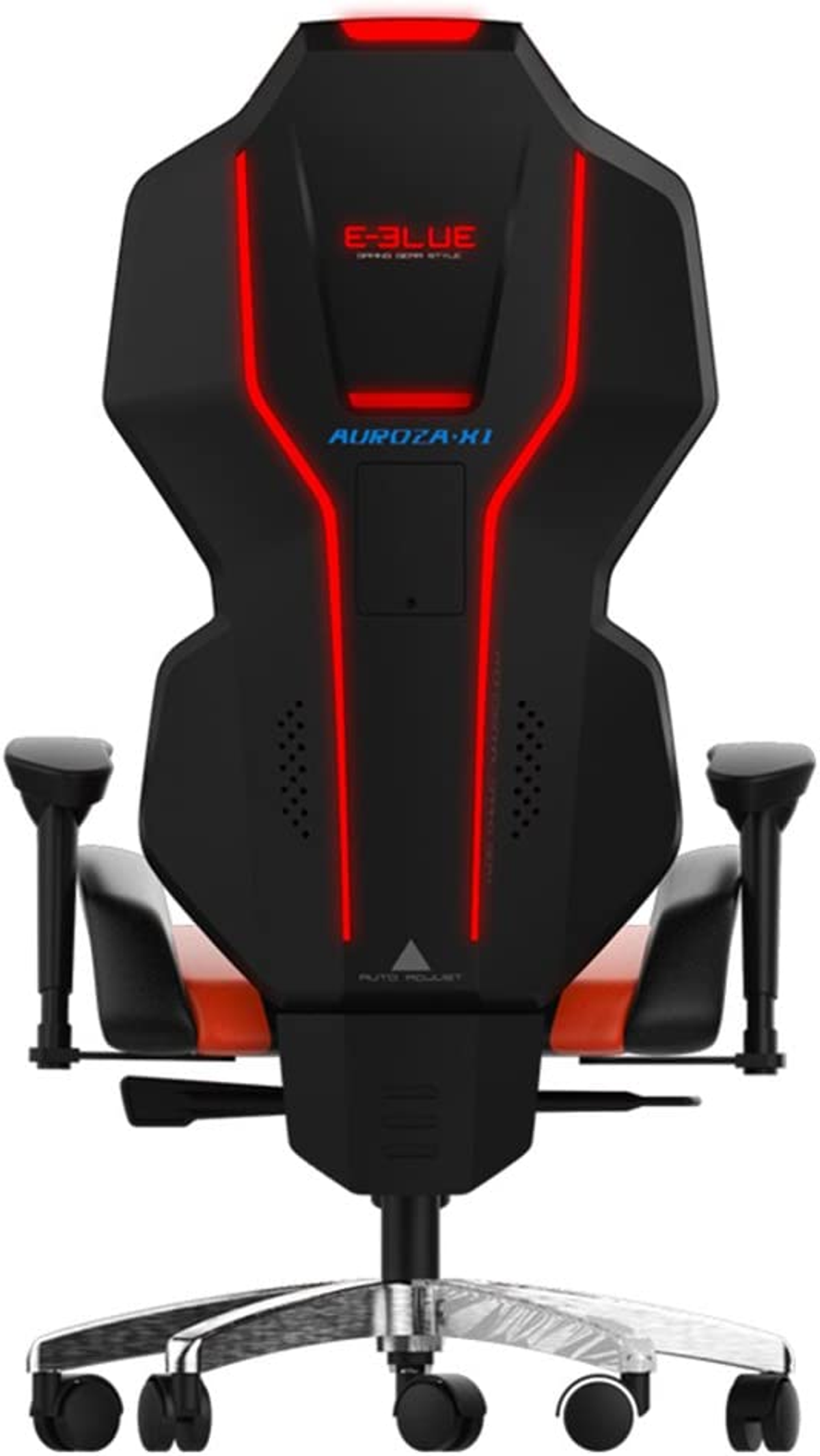 Zwarte en rode gamingstoel, achteraanzicht. Rode accenten en een prominente hoofdsteun met logo.