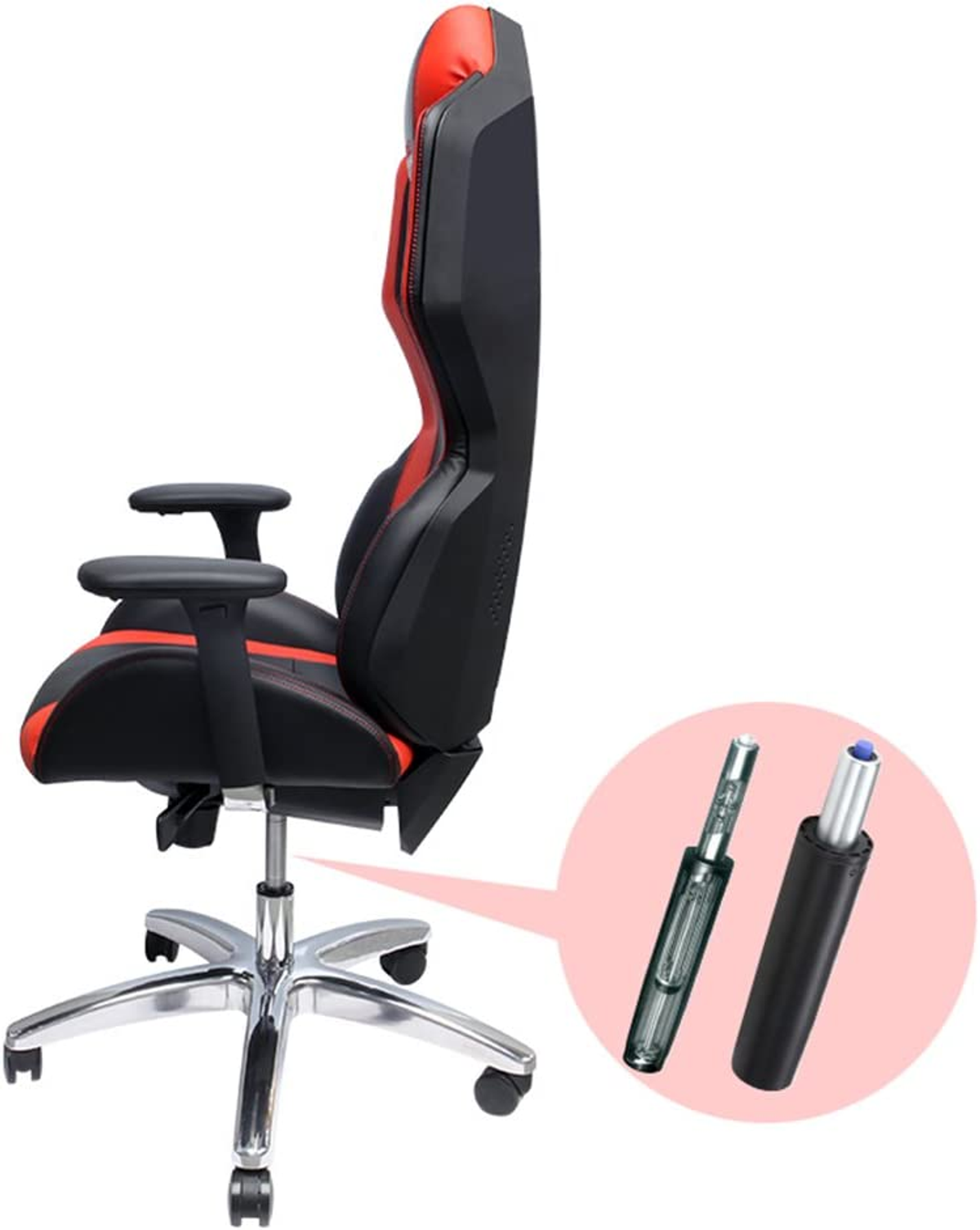 Zijaanzicht van een gamestoel met rode accenten. Gaslift componenten worden in een cirkel getoond.