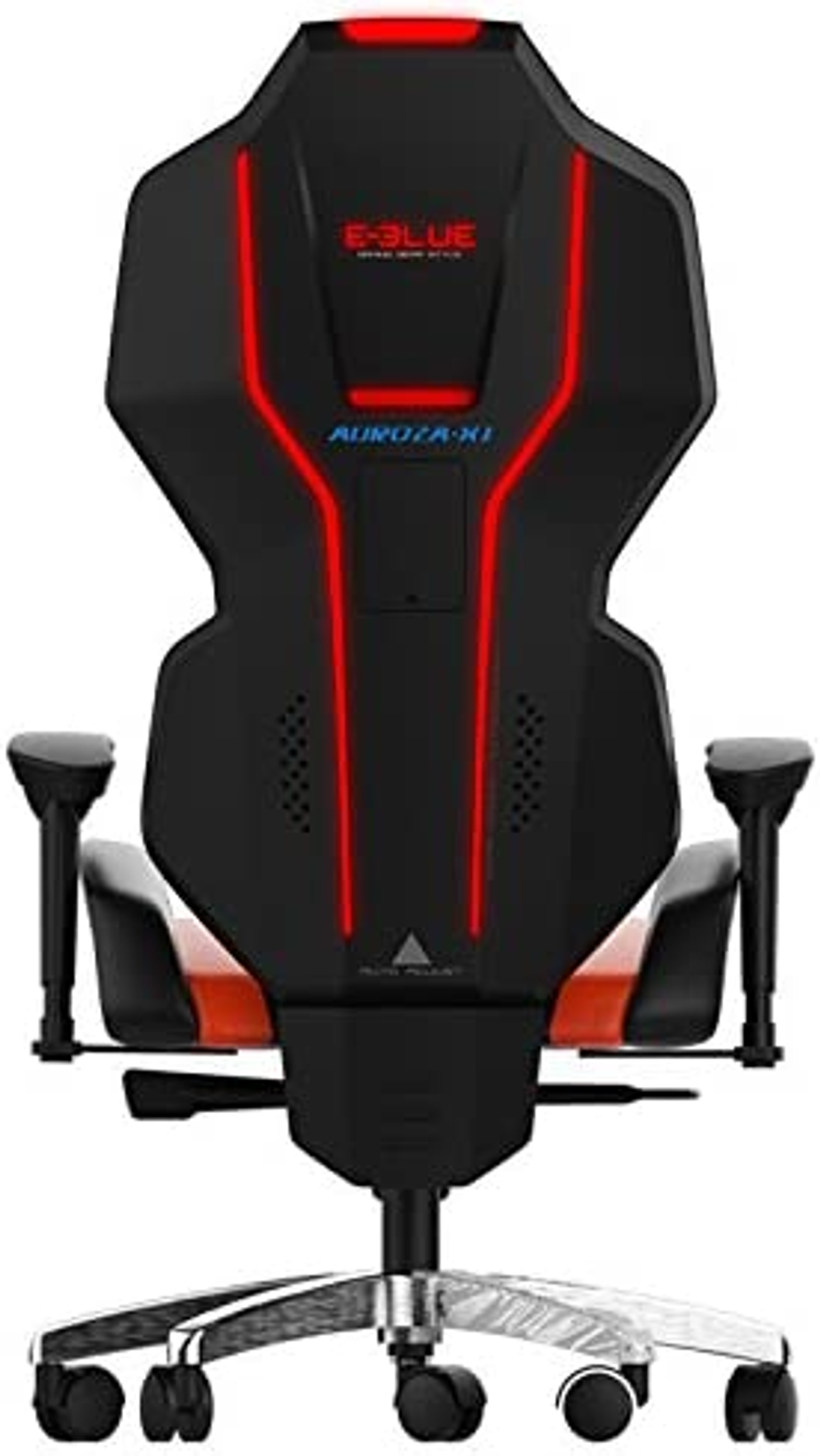 Zwarte gamingstoelrug met rode lichten en details, en een zilveren basis.