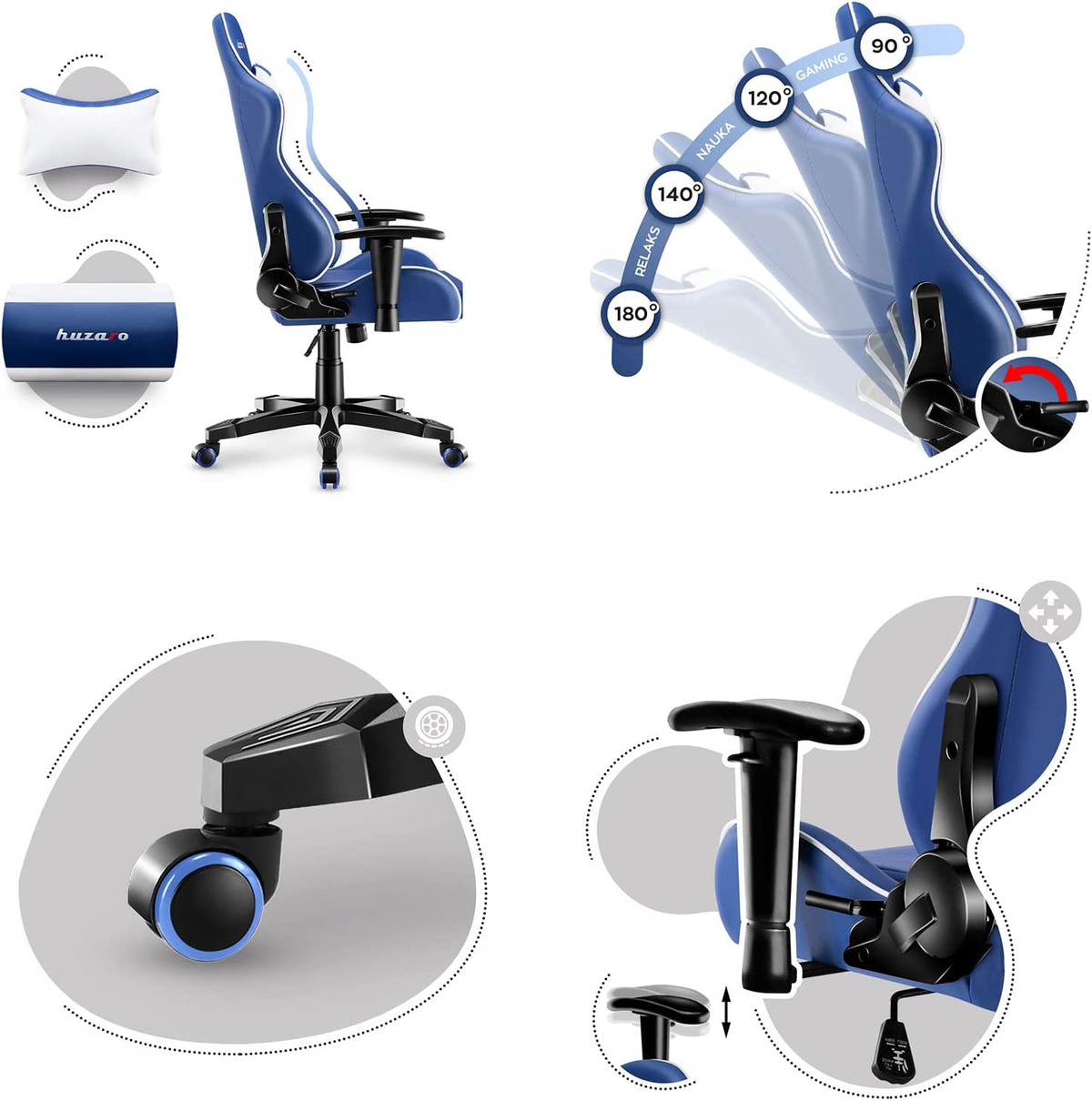 6.0 Stuhl, Ranger Design Ergonomisches Gaming Lendenkissen Nackenkissen HUZARO Blau