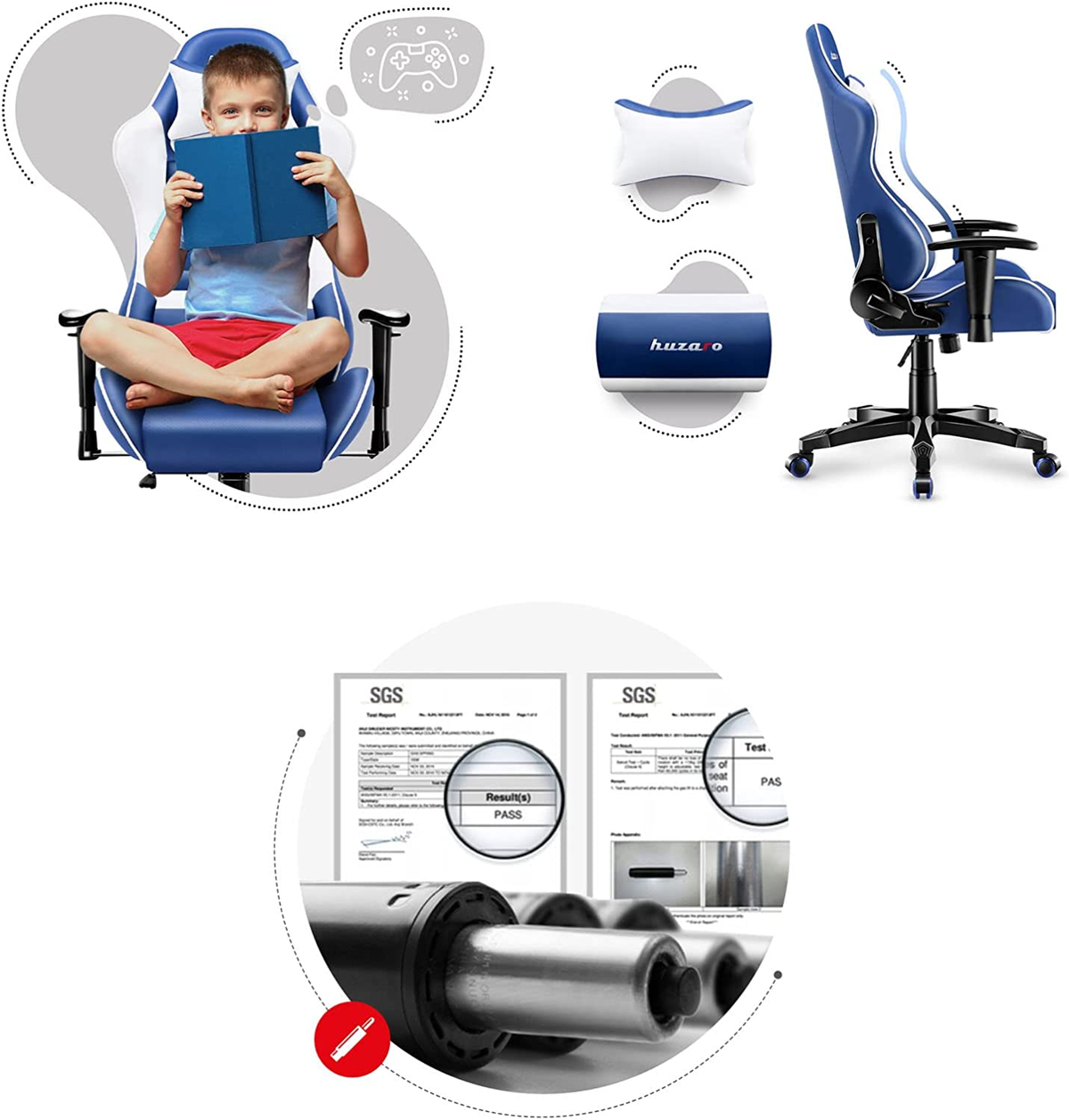 Dziecko czytające książkę, fotel gamingowy i diagramy pokazujące cechy i testy krzesła.