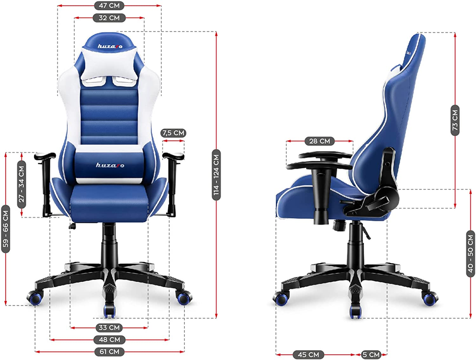 Niebiesko-białe krzesło gamingowe z wymiarami, czarną podstawą, widok z boku i z przodu z pomiarami.