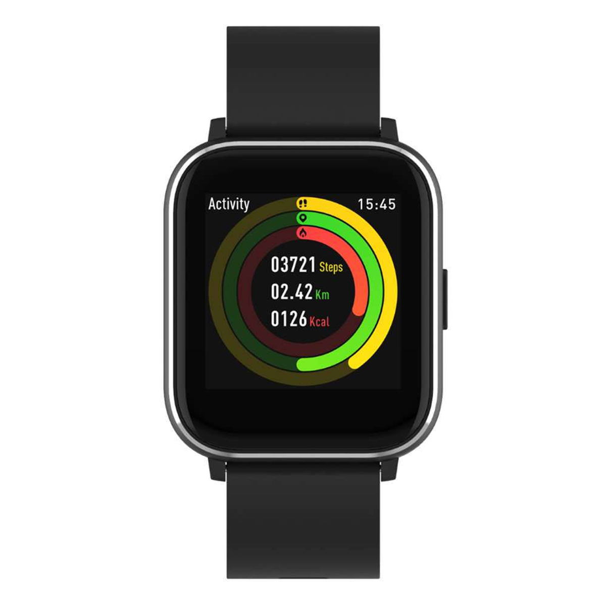 Smartwatch, das Fitnessdaten anzeigt. Zeigt Schritte, Distanz und verbrannte Kalorien an. Schwarze Uhr mit schwarzem Band.