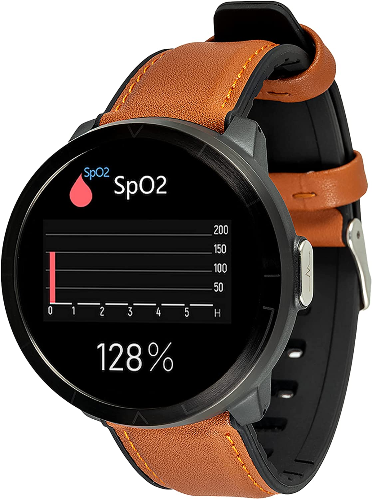 Smartwatch wyświetlający SpO2 i wykres, brązowy pasek.