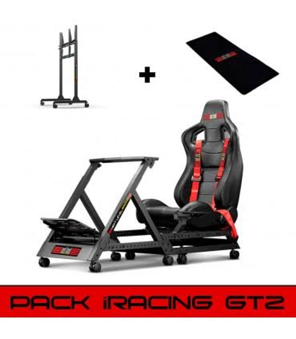 Gaming-Setup mit schwarzem Rennsitz, schwarzem Rahmen, Monitorständer und schwarzer Matte.