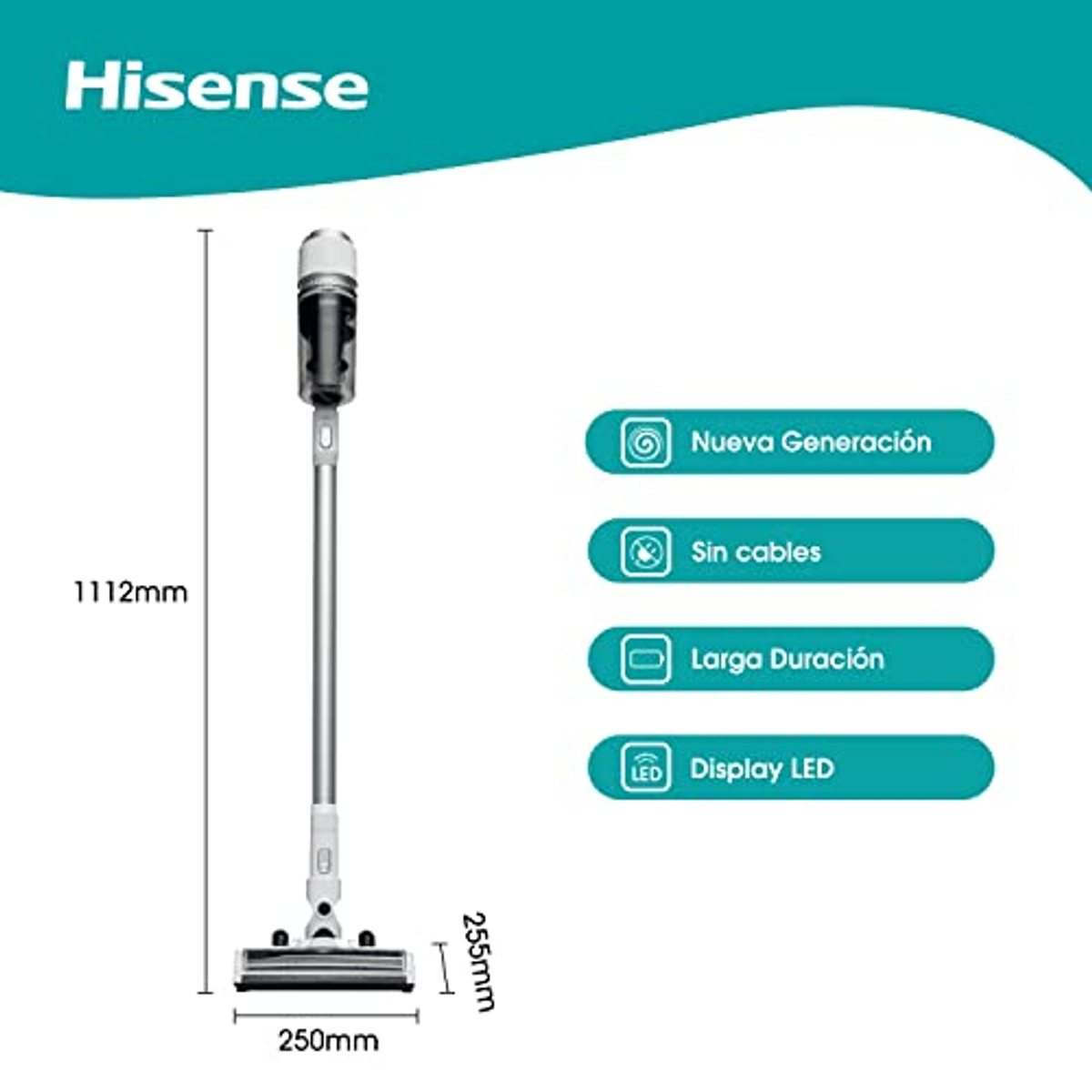 Un aspirapolvere Hisense, con dettagli dimensionali e caratteristiche come display LED e lunga durata.
