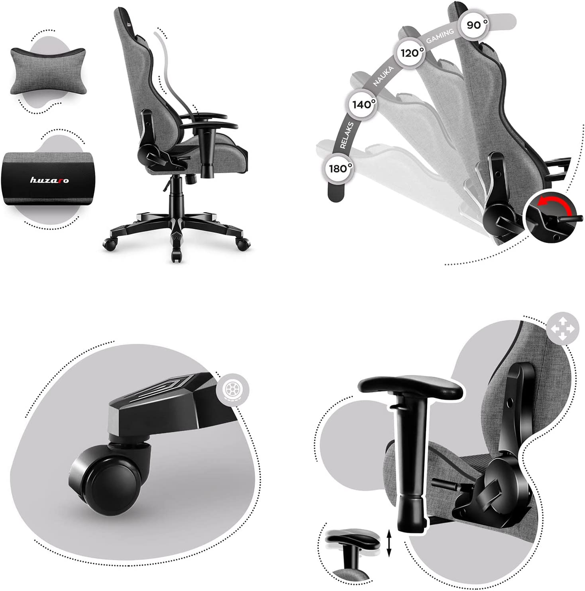 Diagram szarego fotela gamingowego z regulowanymi funkcjami, takimi jak kąty pochylenia, podłokietniki, koła.