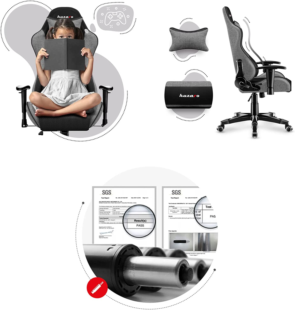 Dziewczynka czyta książkę na szarym fotelu gamingowym. Krzesło ma podparcie lędźwiowe i zagłówek. Powiązane części.