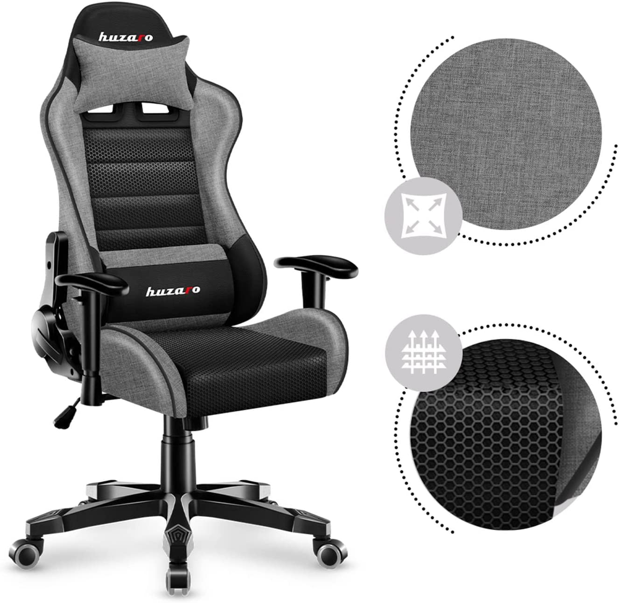 Krzesło do gier w kolorach szarym, czarnym i białym. Posiada zagłówek i podłokietniki. Czarna podstawa z kółkami.