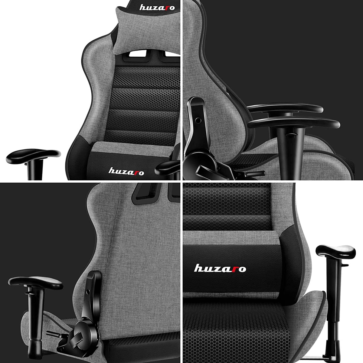 Krzesło gamingowe; szary materiał, czarne akcenty i marka 'huza'.