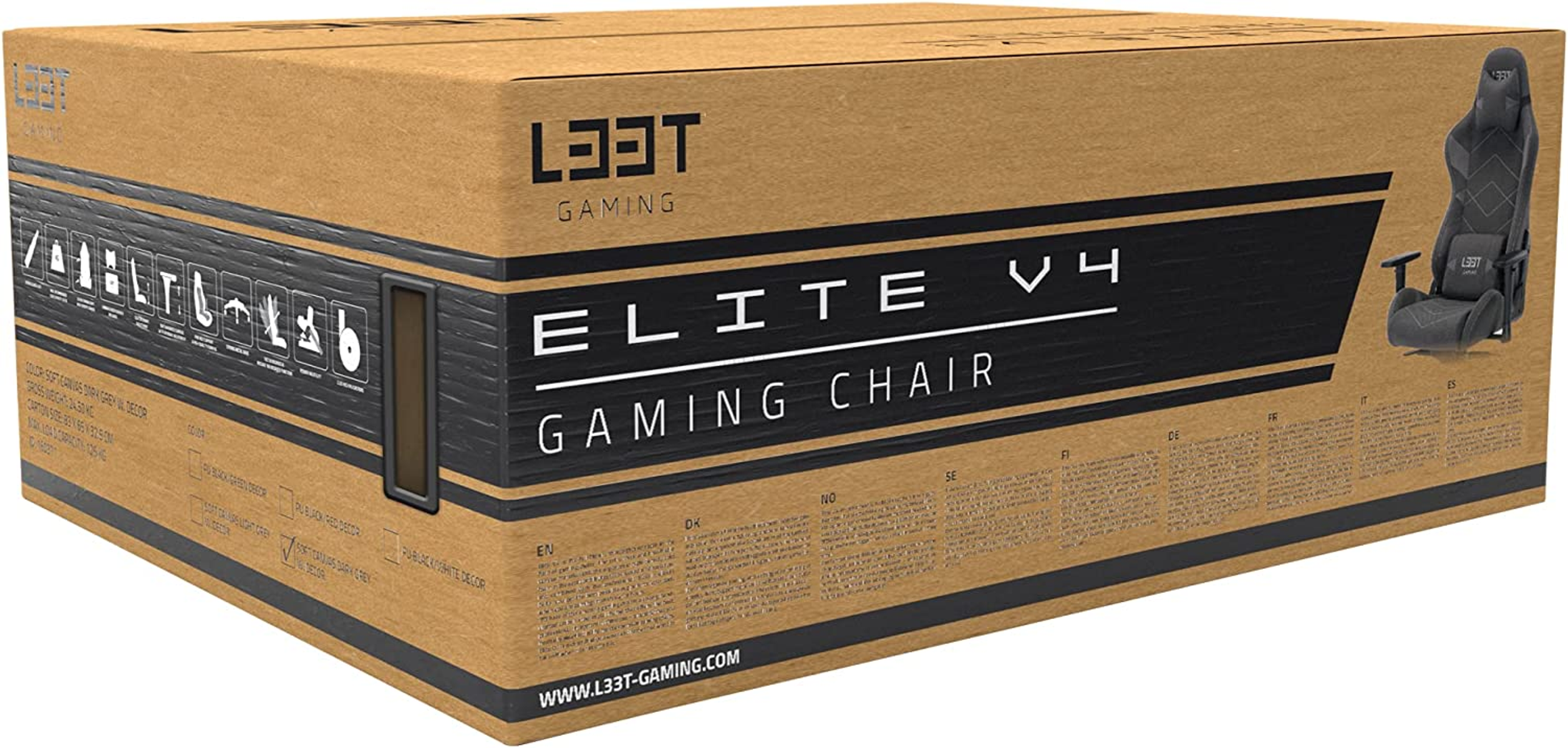 Braune Box für einen L33T Elite V4 Gaming-Stuhl. Text und Bilder des Stuhls auf der Box.