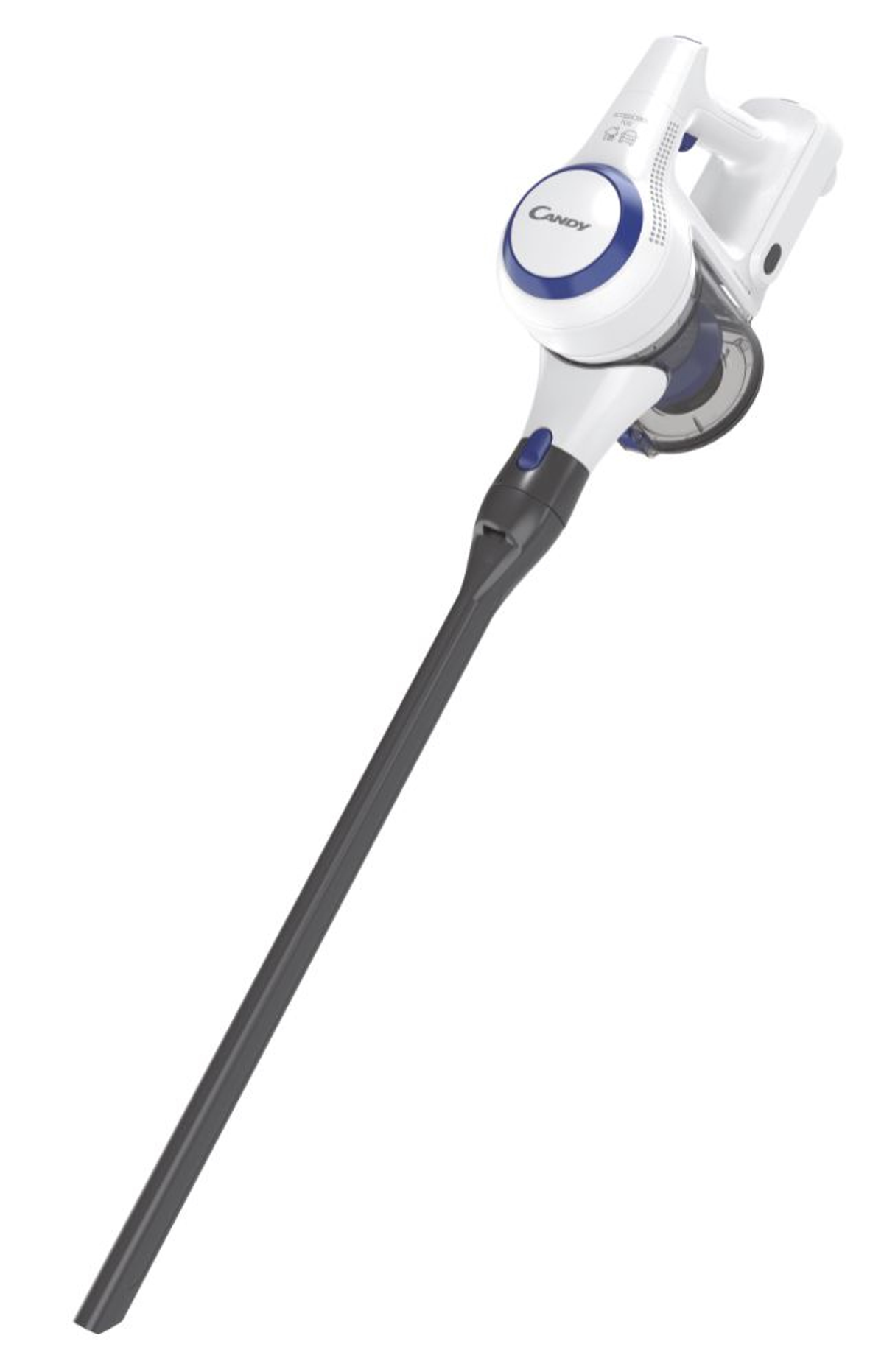 White and blue cordless vacuum cleaner. It is standing upright on a white background.