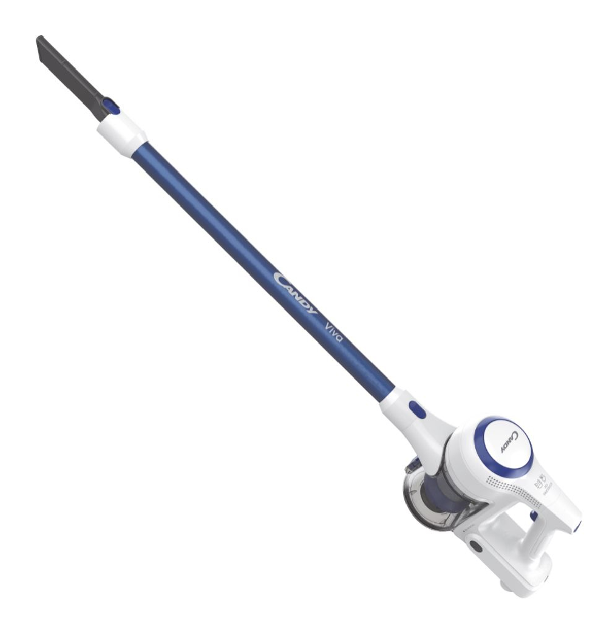 Blue and white handheld vacuum cleaner. The vacuum has a long reach and is angled up.