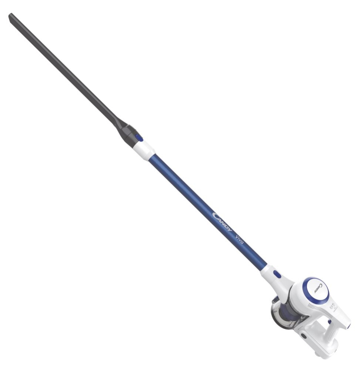 A blue and white cordless vacuum cleaner with a long handle.