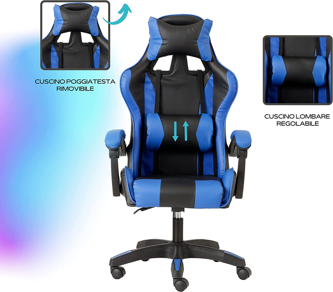 Gaming-Stuhl. Blau und Schwarz mit abnehmbarer Kopfstütze und verstellbarer Lendenwirbelstütze.