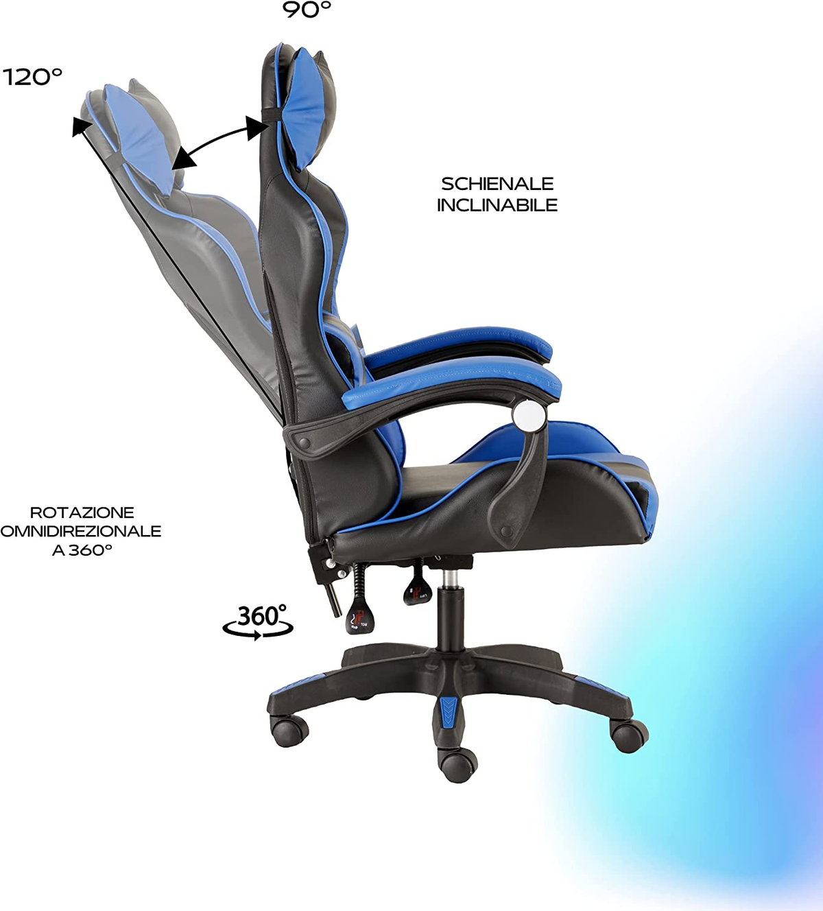 Blaue und schwarze Gaming-Stuhl, Seitenansicht. Zeigt Einstellbarkeit und Drehfunktionen.