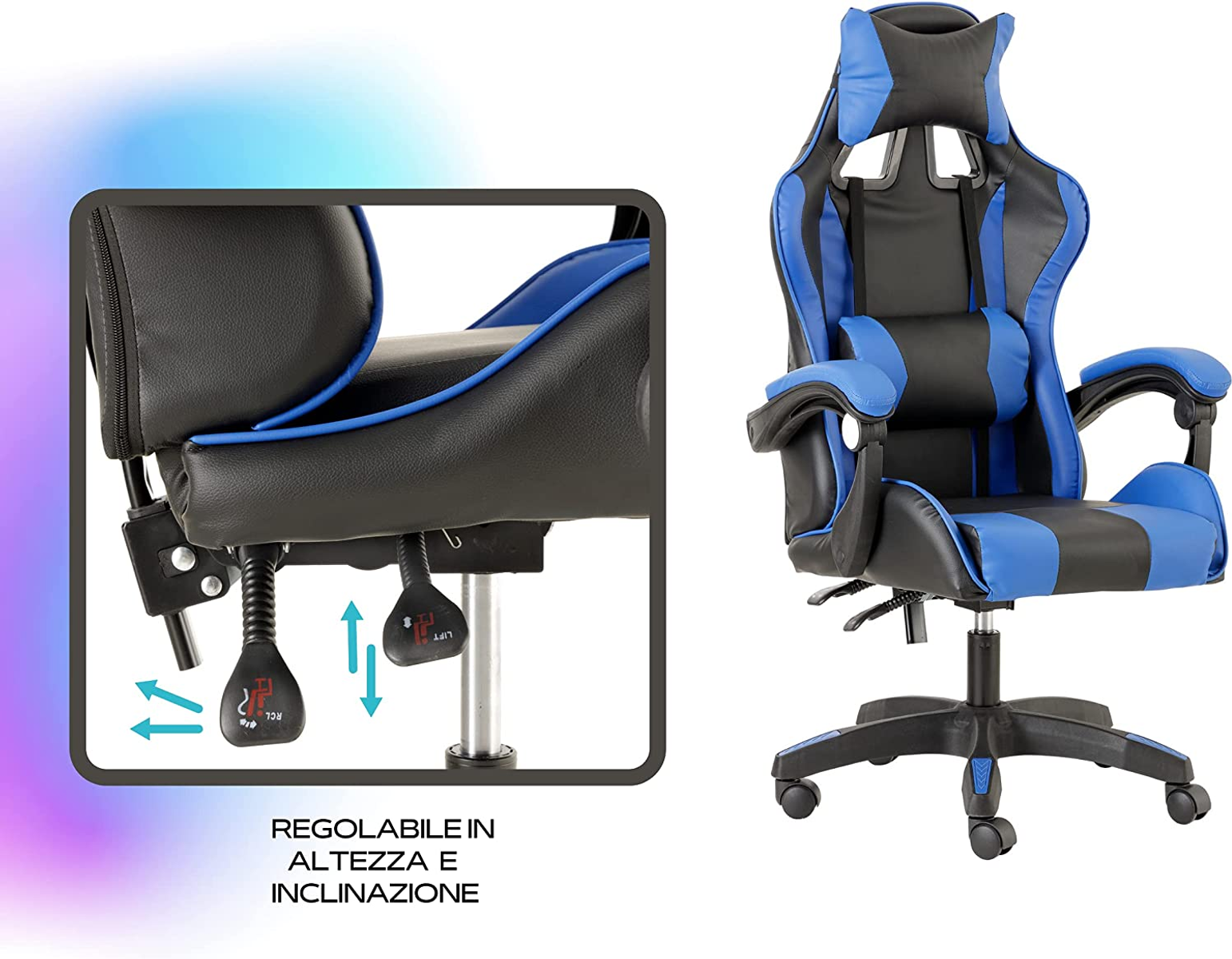 Gaming-Stuhl mit schwarzem und blauem Farbschema. Vergrößerte Ansicht der Höhen- und Neigungsverstellhebel.