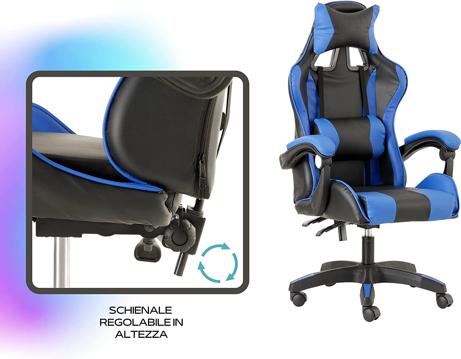 Blau-schwarzer Gaming-Stuhl mit verstellbarer Rückenlehne. Er hat ein schwarzes Gestell und weißen Hintergrund.