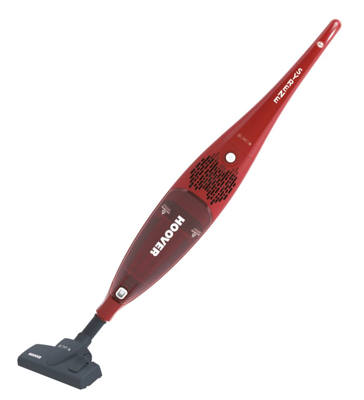 Aspirapolvere portatile rosso con 'HOOVER' e 'SYRENE' stampati sopra. Sfondo bianco.