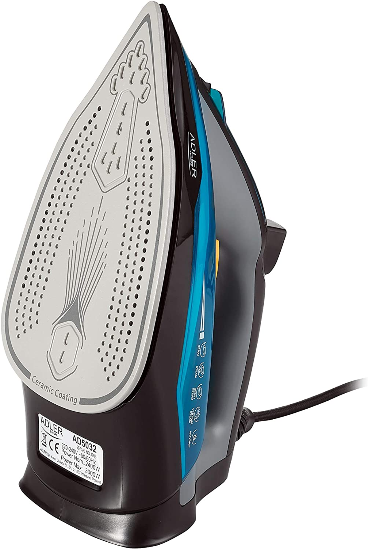 Widok z góry na czarne, niebieskie i szare żelazko z powłoką ceramiczną i przewodem zasilającym.