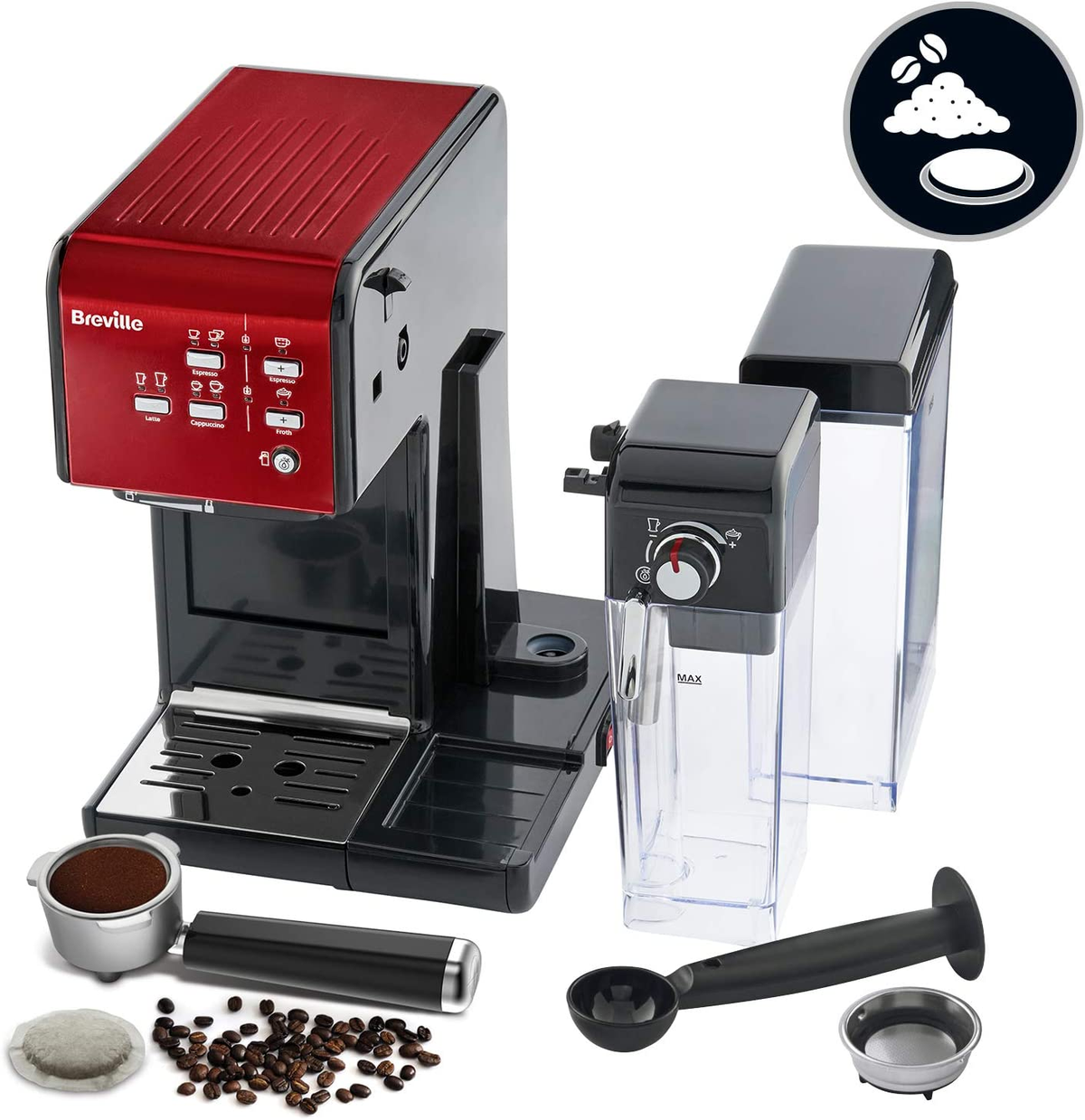 Rote und schwarze Espressomaschine mit Zubehör, Kaffeebohnen und Kaffeepulver.