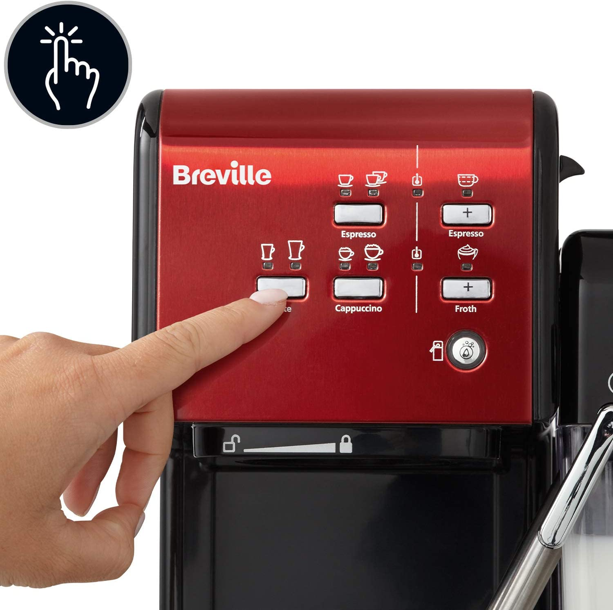 Rote Breville Espressomaschine. Eine Hand drückt eine Taste mit Kaffeetassen-Symbolen.