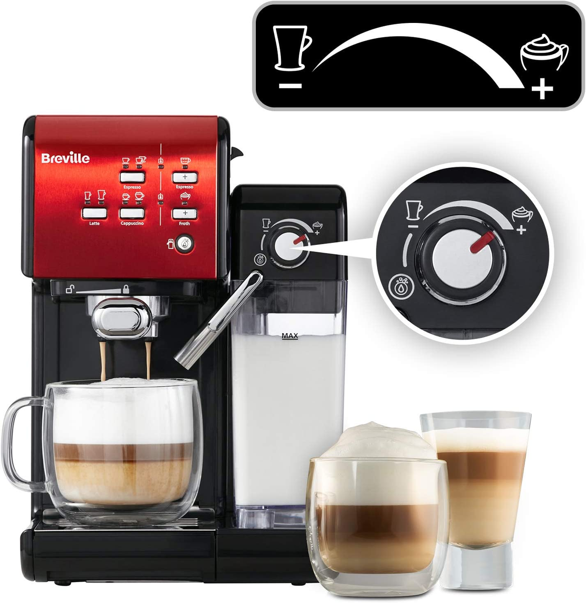 Rote und schwarze Espressomaschine. Kaffee wird zubereitet, mit drei Tassen.