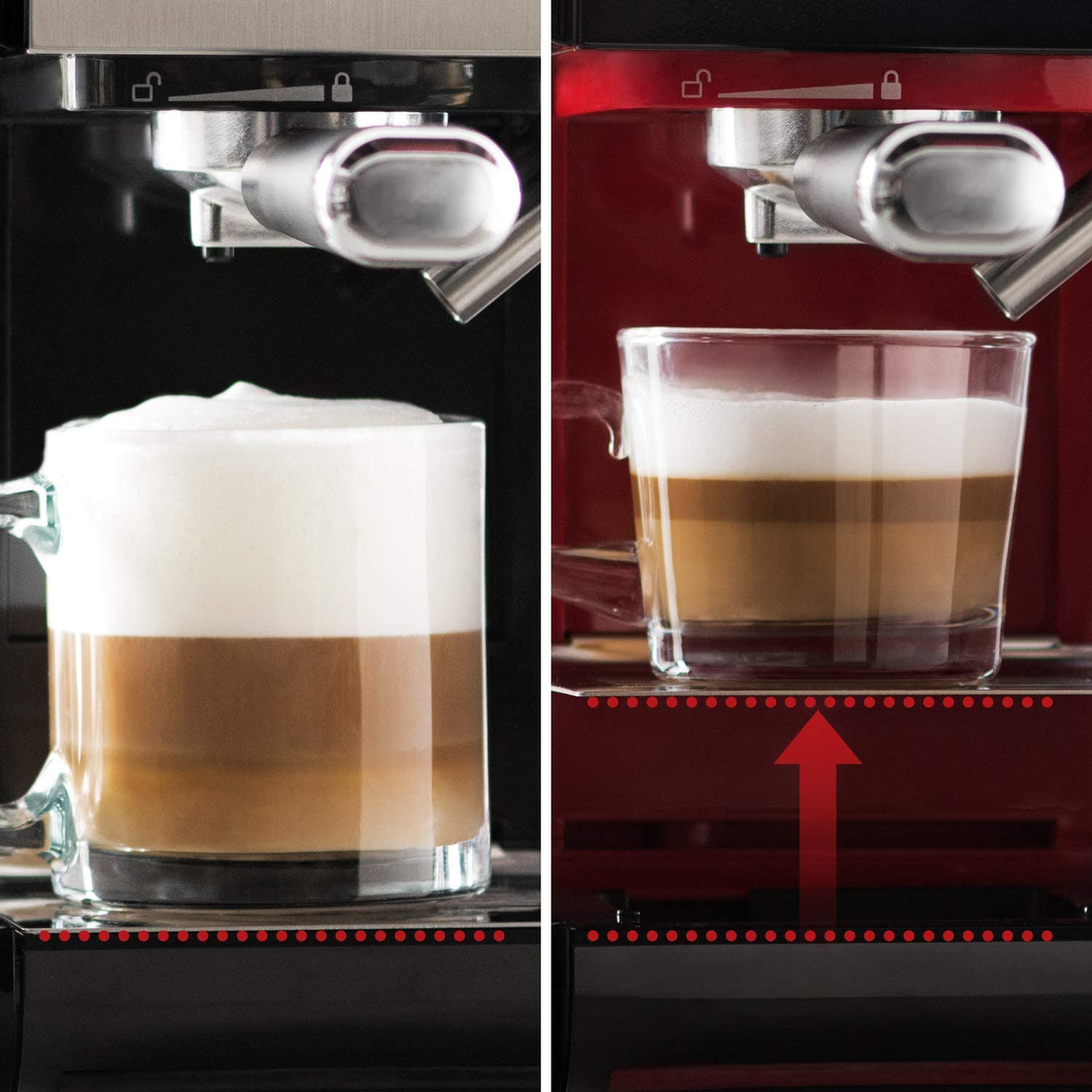 Zwei Bilder zeigen Kaffeegetränke. Eines mit Milchschaum, das andere mit Schichten und Pfeil.