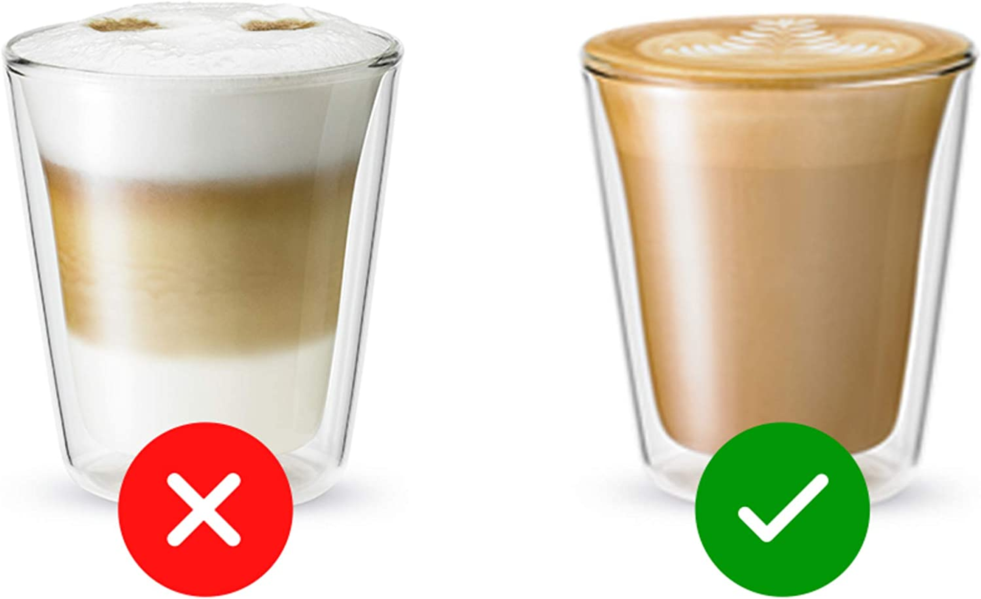 Zwei Kaffeegläser. Eines mit Milch und Kreuz, das andere mit Schaum und Haken.