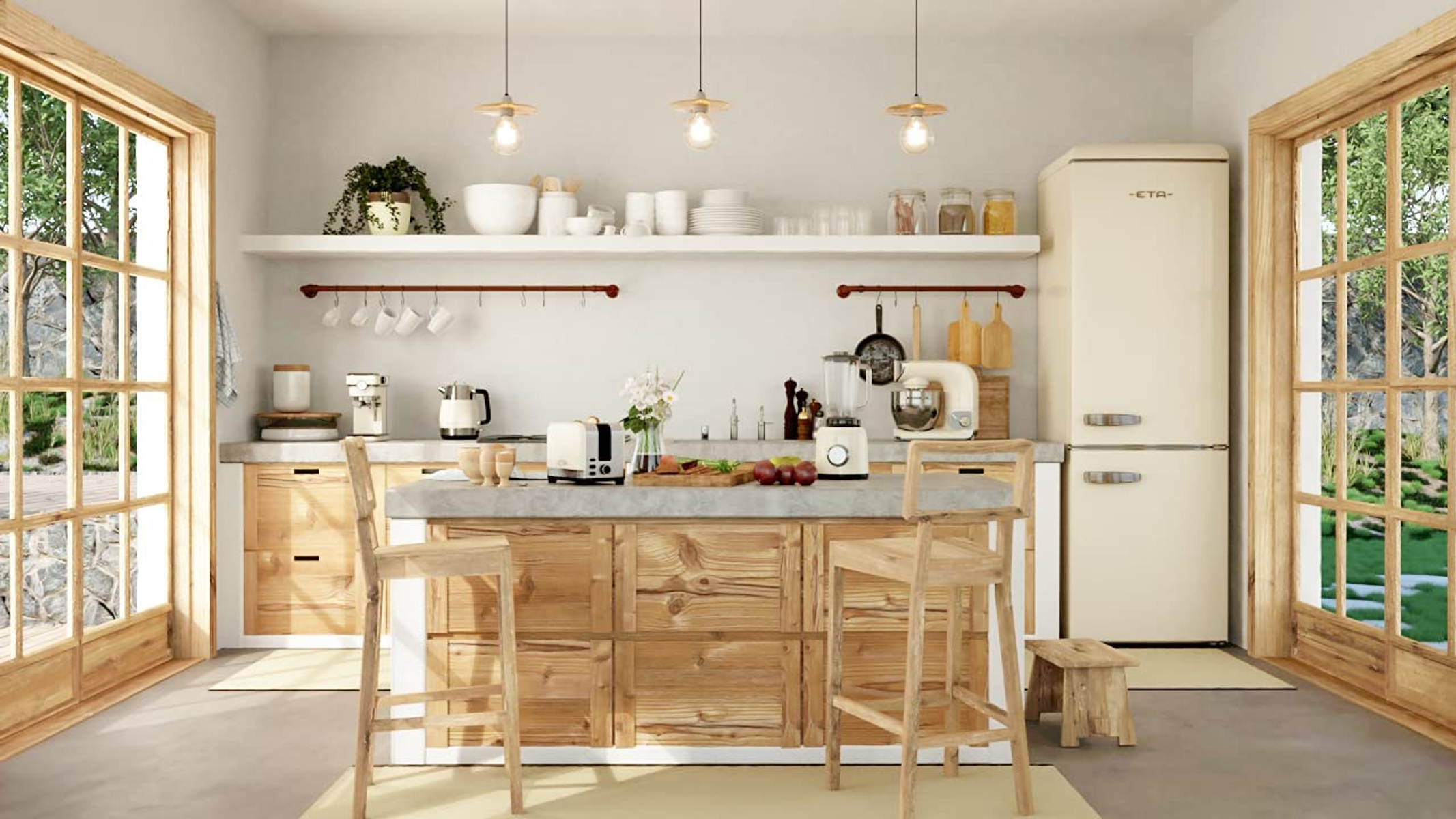 Kücheninterieur: Holzschränke, Insel und Hocker. Weiße Wände, hölzerne Fensterrahmen. Geräte auf Theken.