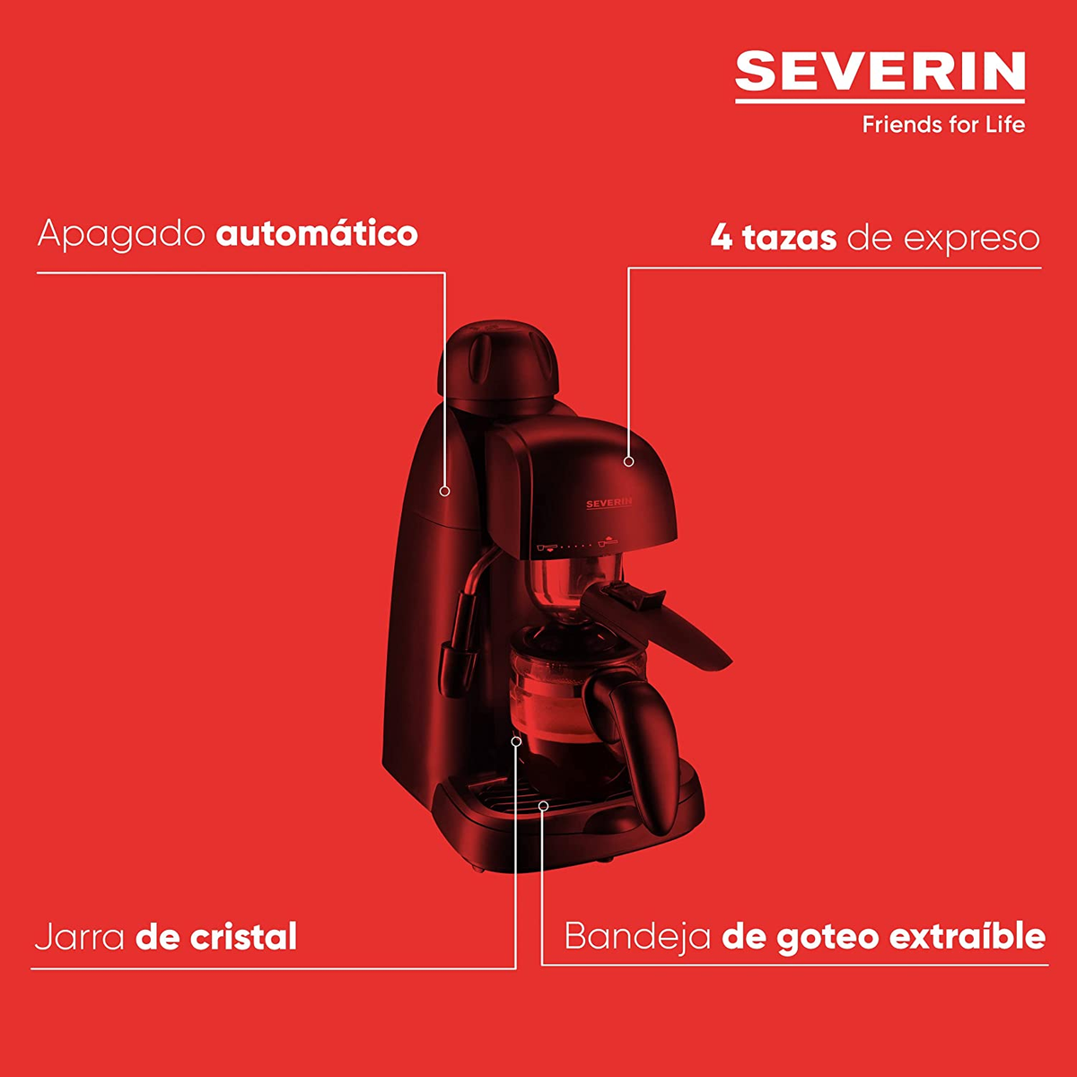 Schwarze Espressomaschine mit Textbeschriftungen. Roter Hintergrund.