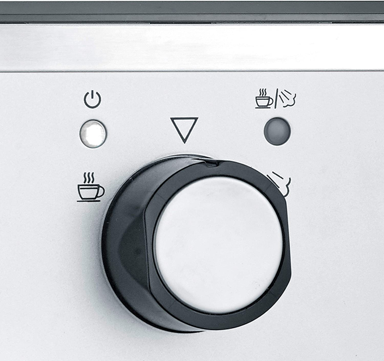 Panel sterowania ekspresu do kawy z ikonami zasilania, pary i kawy.