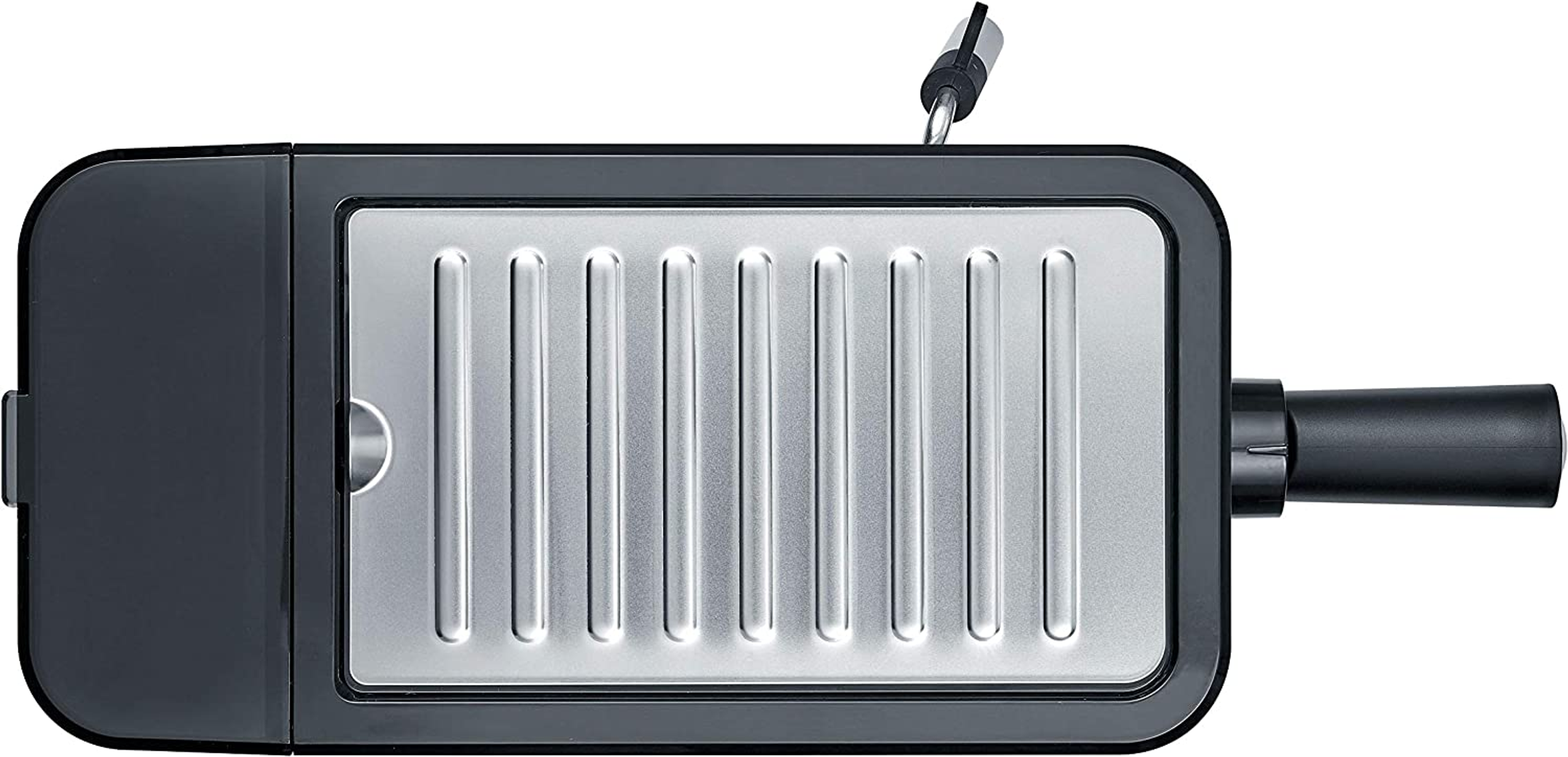 Grill elektryczny, widok z góry, ciemnoszary ze srebrnym rusztem.