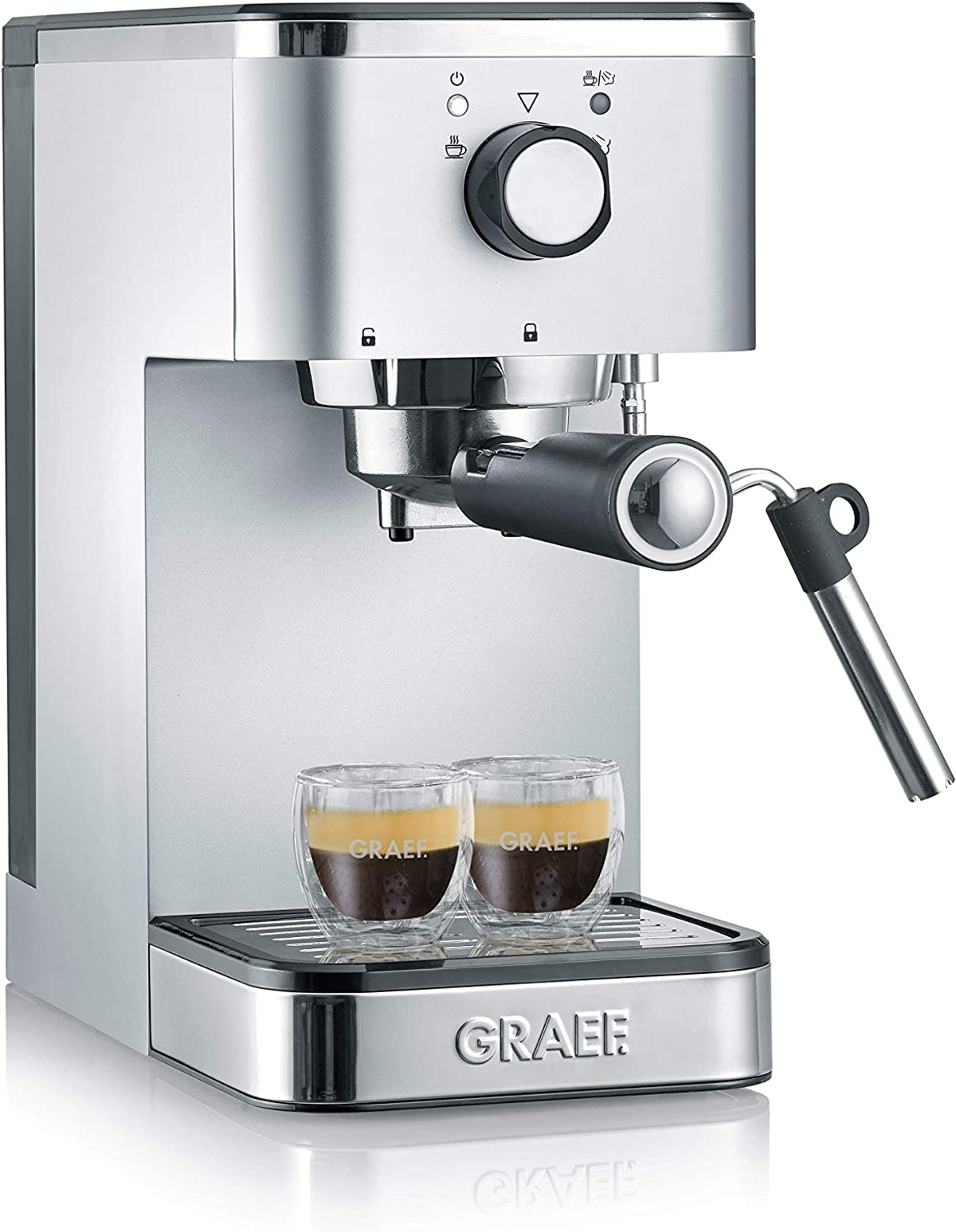 Srebrny ekspres do kawy Graef z dwiema szklankami espresso.