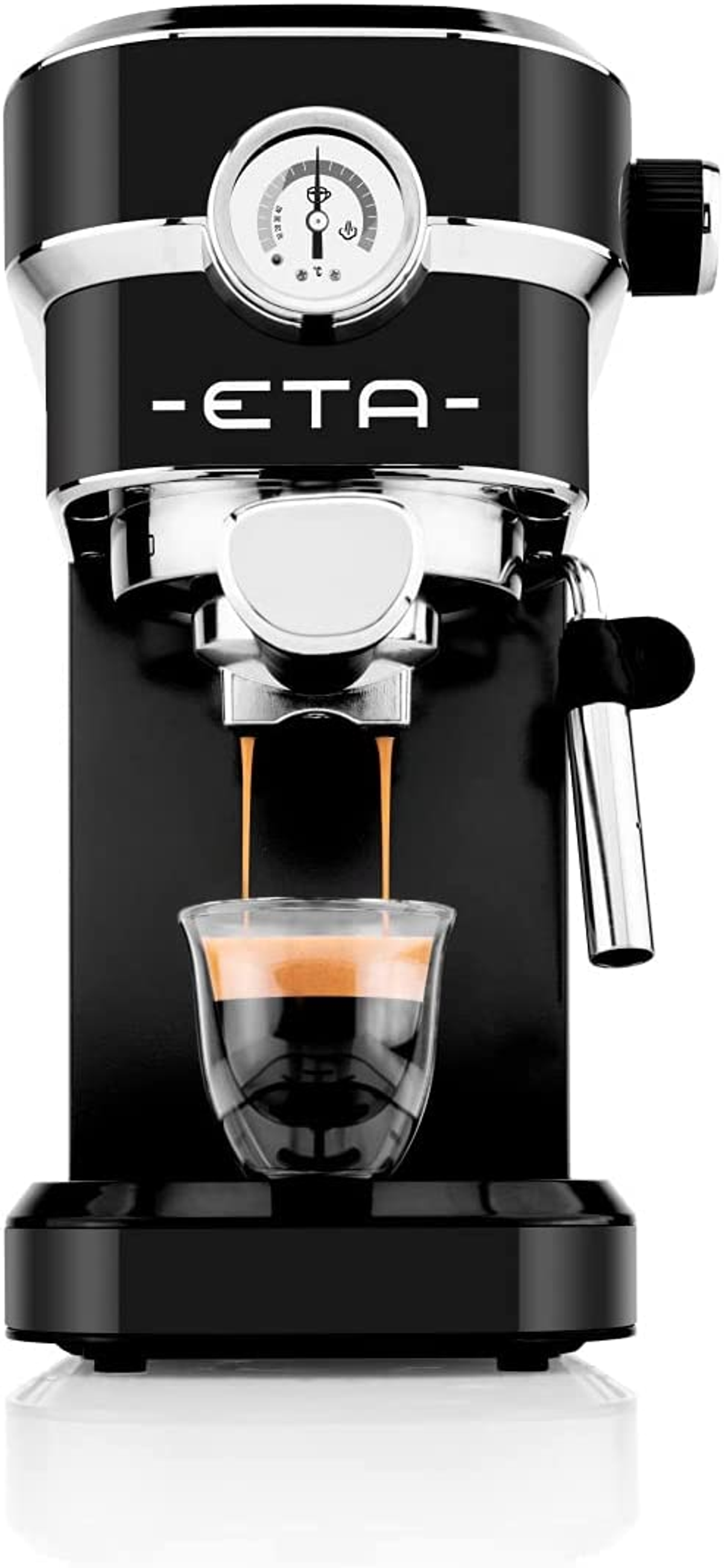 Czarny ekspres do kawy ze szklanką odbierającą kawę. Akcenty ze stali nierdzewnej i wskaźnik.