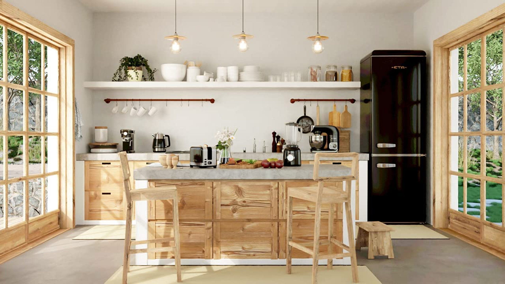 Wnętrze kuchni z drewnianymi szafkami, wyspą i urządzeniami oraz dwoma oknami.