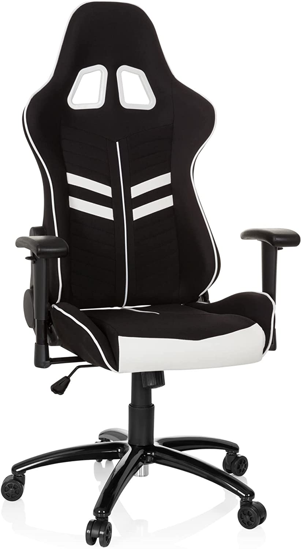 Schwarz-weißer Gaming-Stuhl mit weißen Streifen.