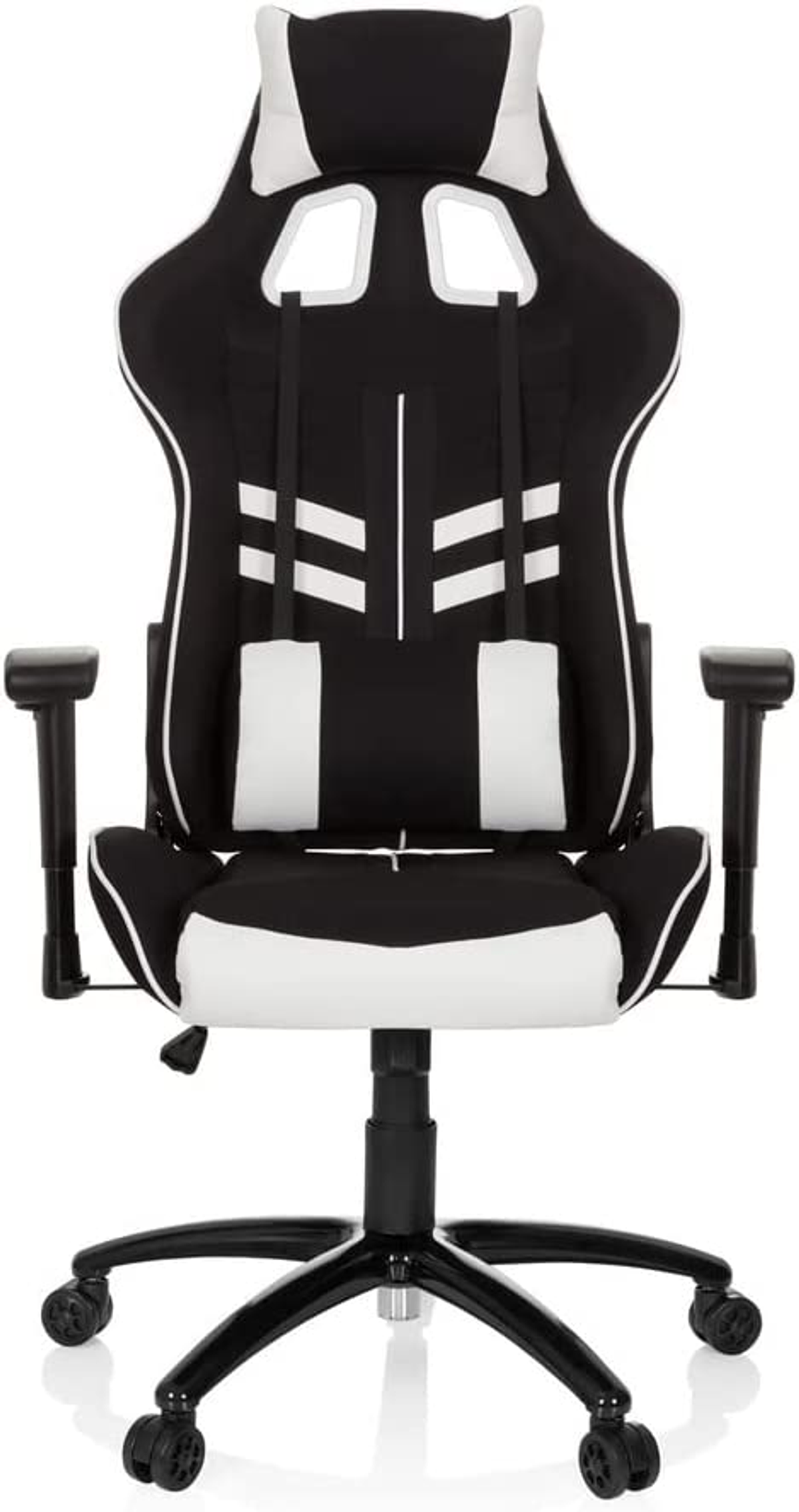Schwarz-weißer Gaming-Stuhl. Hohe Rückenlehne, weiße Kopfstütze und Akzente, schwarze Armlehnen, schwarzes Gestell.