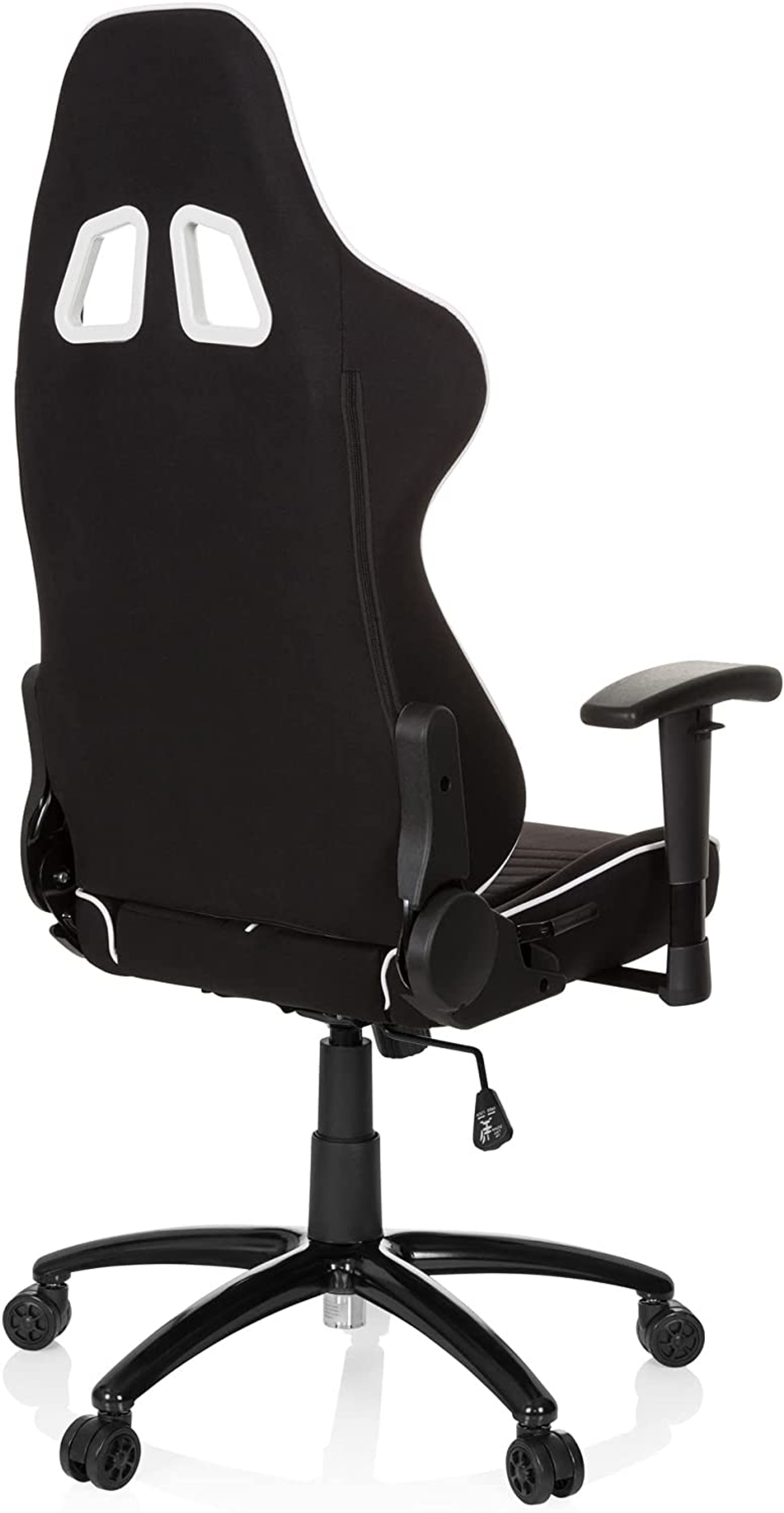 Schwarzer Gaming-Stuhl von hinten, mit weißen Akzenten und schwarzem Fuß.