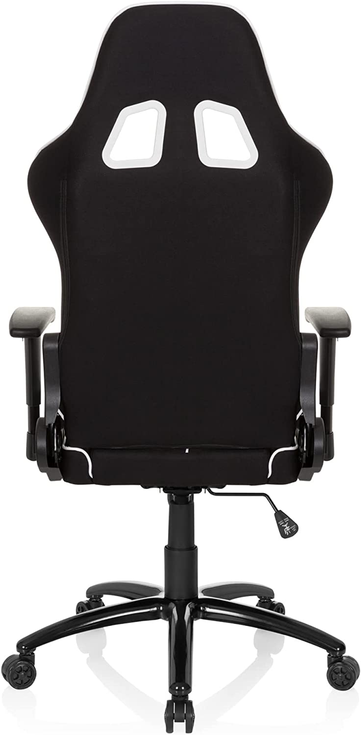 Rückansicht des Gaming-Stuhls. Schwarz mit weißen Akzenten und einem Hebel. Schwarze Basis mit Rädern.