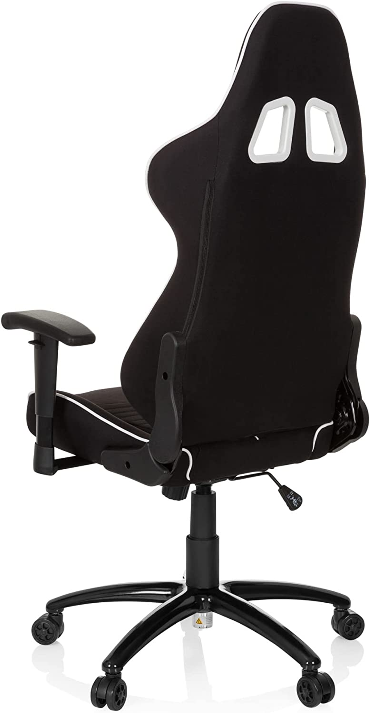 Gaming-Stuhl, schwarz mit weißen Akzenten. Der Rücken ist schwarz mit weißen Zierleisten, Hebel hinten sichtbar.